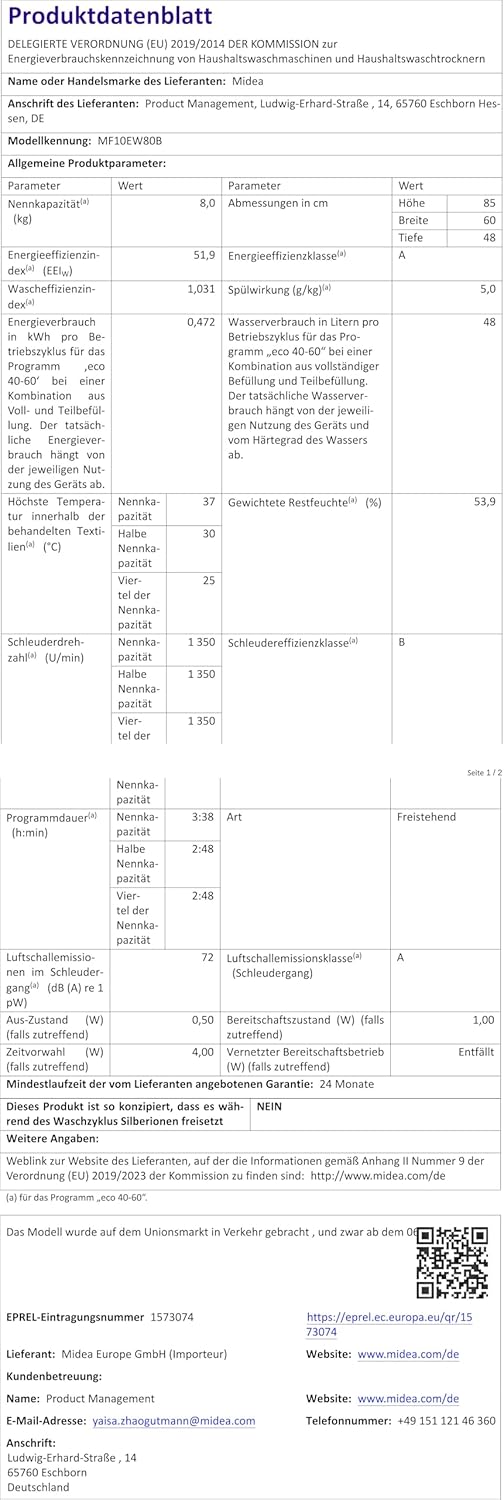 Midea MF10EW80B Waschmaschine / 8kg / 1400 U/Min/EEK A/Inverter Quattro Moto/Dampffunktion/Grosse Trommel/Slim Design/Nachlegefunktion/Kindersicherung/AquaStop, Weiß