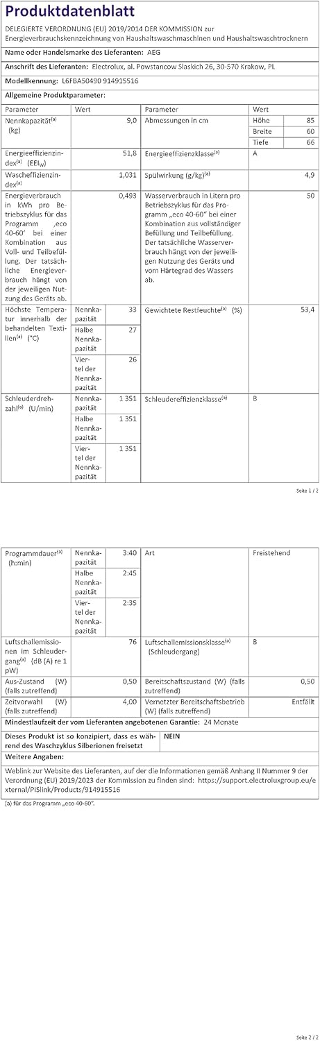 AEG L6FBG51470 Waschmaschine / Serie 6000 mit ProSense / Testsieger der Stiftung Warentest / 7,0 kg / Leise / Mengenautomatik / Nachlegefunktion / Kindersicherung / Wasserstopp / 1400 U/min