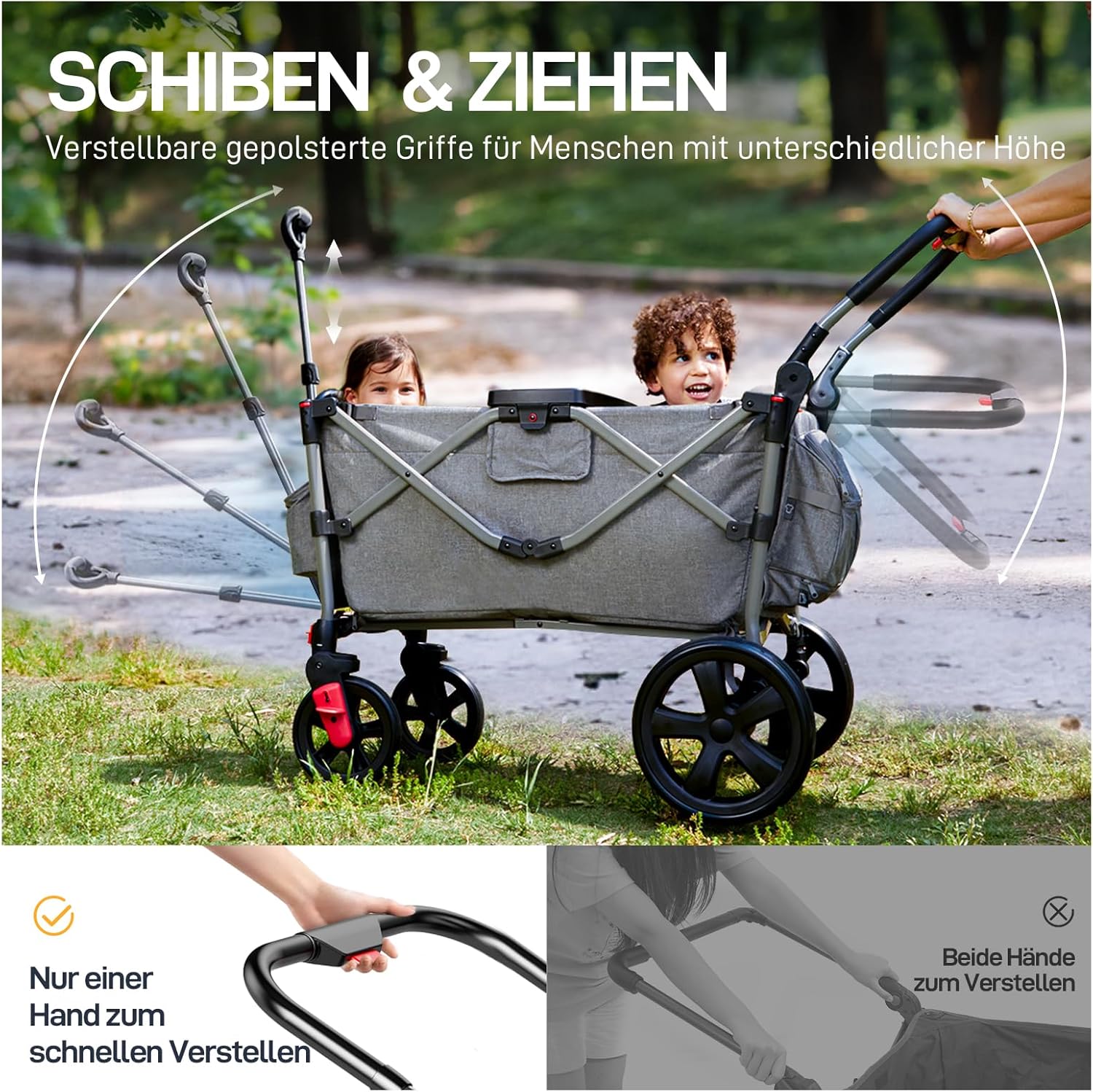EVER ADVANCED Bollerwagen für 2 Kinder Faltbar mit Dach, Kinderwagen 2x5 Punkt Sicherheitsgurt mit Wickelrucksack, Bollerwagen mit Sitz, Handwagen Transportwagen, Ziehen & Schieben, Fußbremse