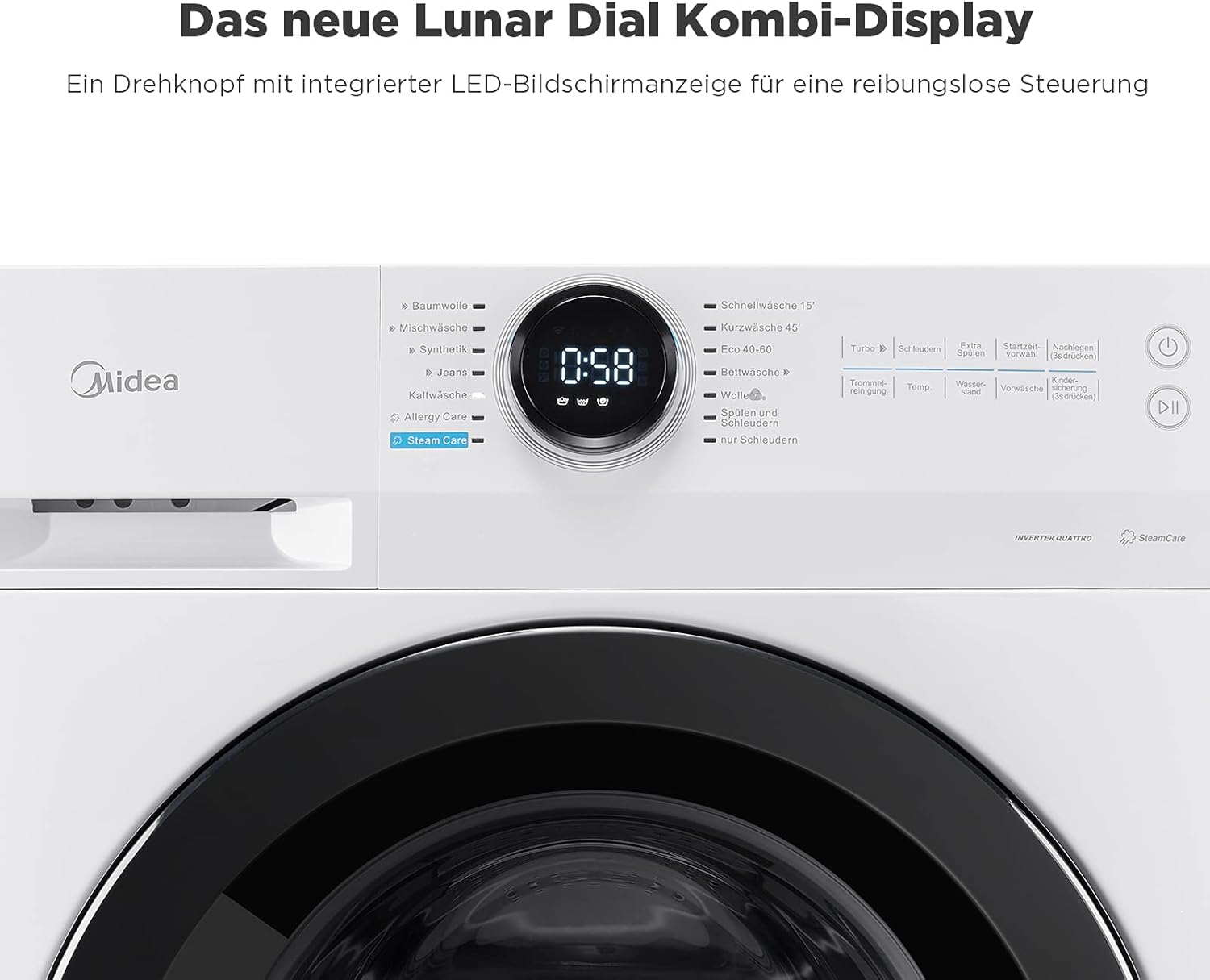 Midea MF200W90WB-14A Waschmaschine / 9KG / A/Leiser & effizienter Inverter Motor/HealthGuard-System/Steam Care/Nachlegefunktion/APP-Steuerung/AquaStop, Weiß