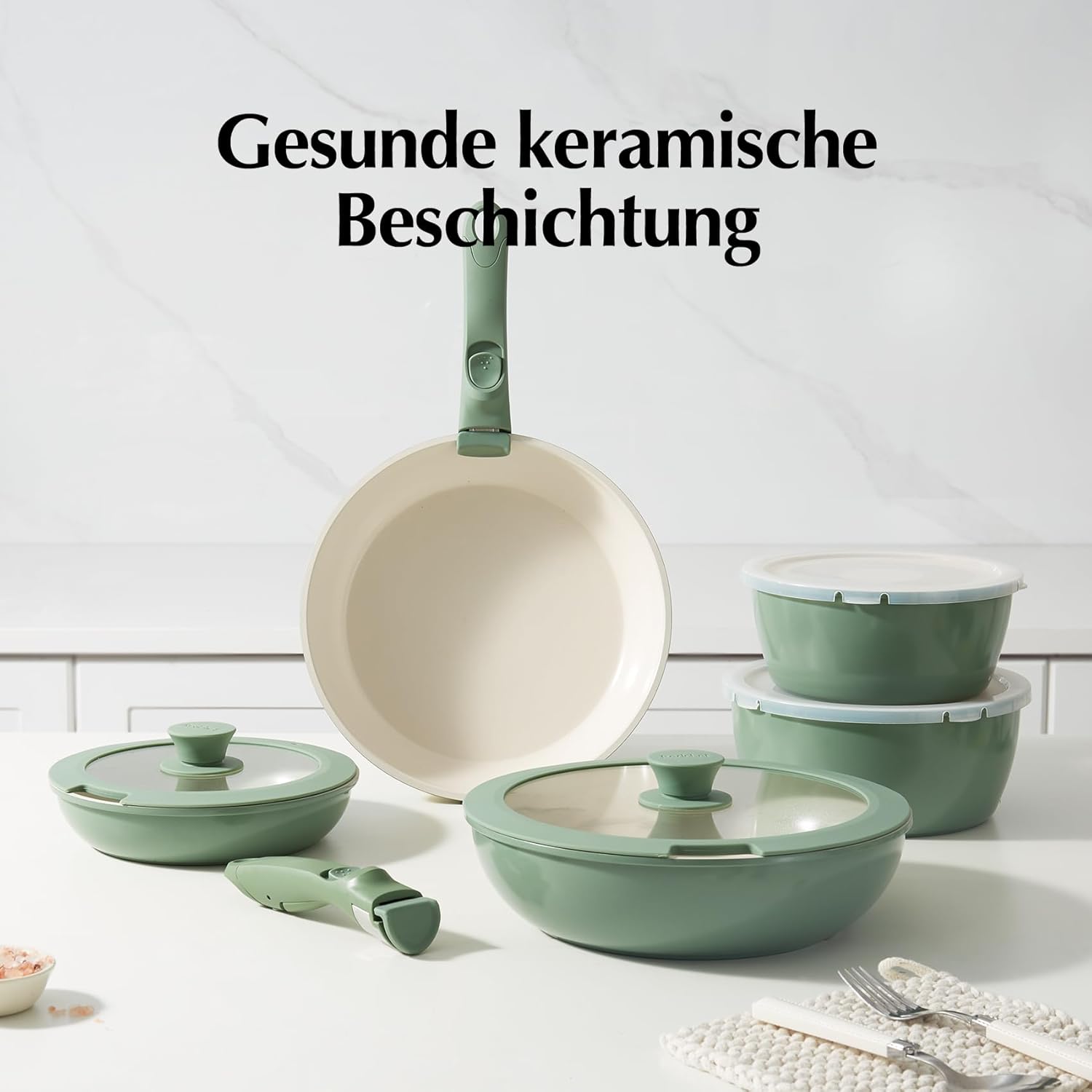 Redchef Topfsets Pfannenset 16-Teilig Antihaft-Keramik-Kochgeschirr-Set mit Abnehmbaren Griffen, Pfanne 20/26cm, Tiefe Bratpfanne 26cm, Topf 18/20cm, Stapelbar Topfset Für alle Herdarten, Ofenfest