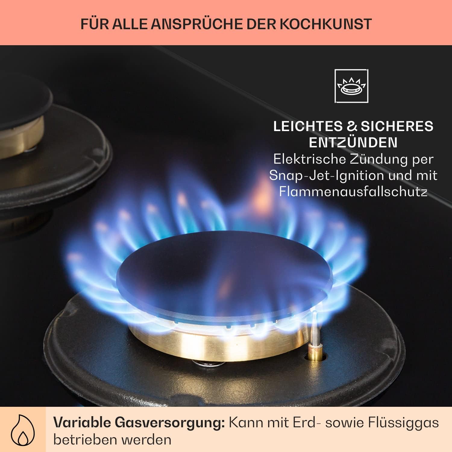 Klarstein Gasherd, Gaskochfeld 4 Flammig, Einbau-Gaskocher für Zuhause & Wohnmobil, Campingkocher mit Glasplatte, Gasherd für Propan- und Erdgas, Edelstahl Gas-Herdplatte Wok Brenner 8000 Watt