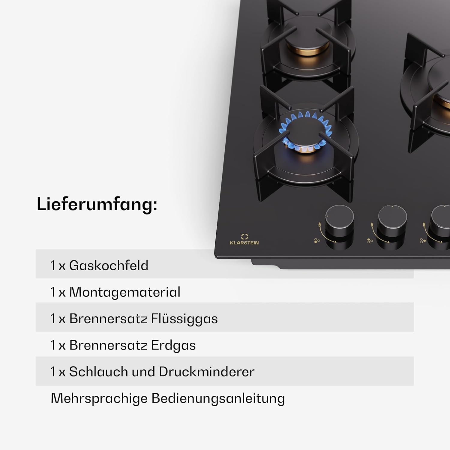 Klarstein Gasherd, Gaskochfeld 4 Flammig, Einbau-Gaskocher für Zuhause & Wohnmobil, Campingkocher mit Glasplatte, Gasherd für Propan- und Erdgas, Edelstahl Gas-Herdplatte Wok Brenner 8000 Watt
