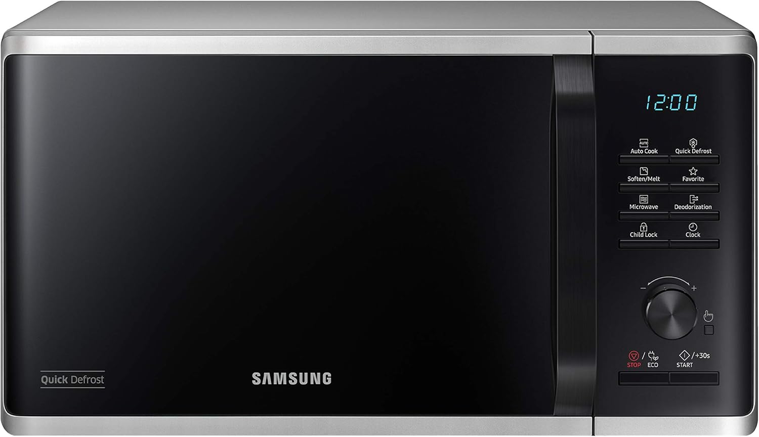 Samsung MS23K3515AS/EG Mikrowelle / 800 W / 23 L Garraum / 48,9 cm Breite / Kratzfester Keramik-Emaille-Inneraum / QuickDefrost Auftauprogramme / silber