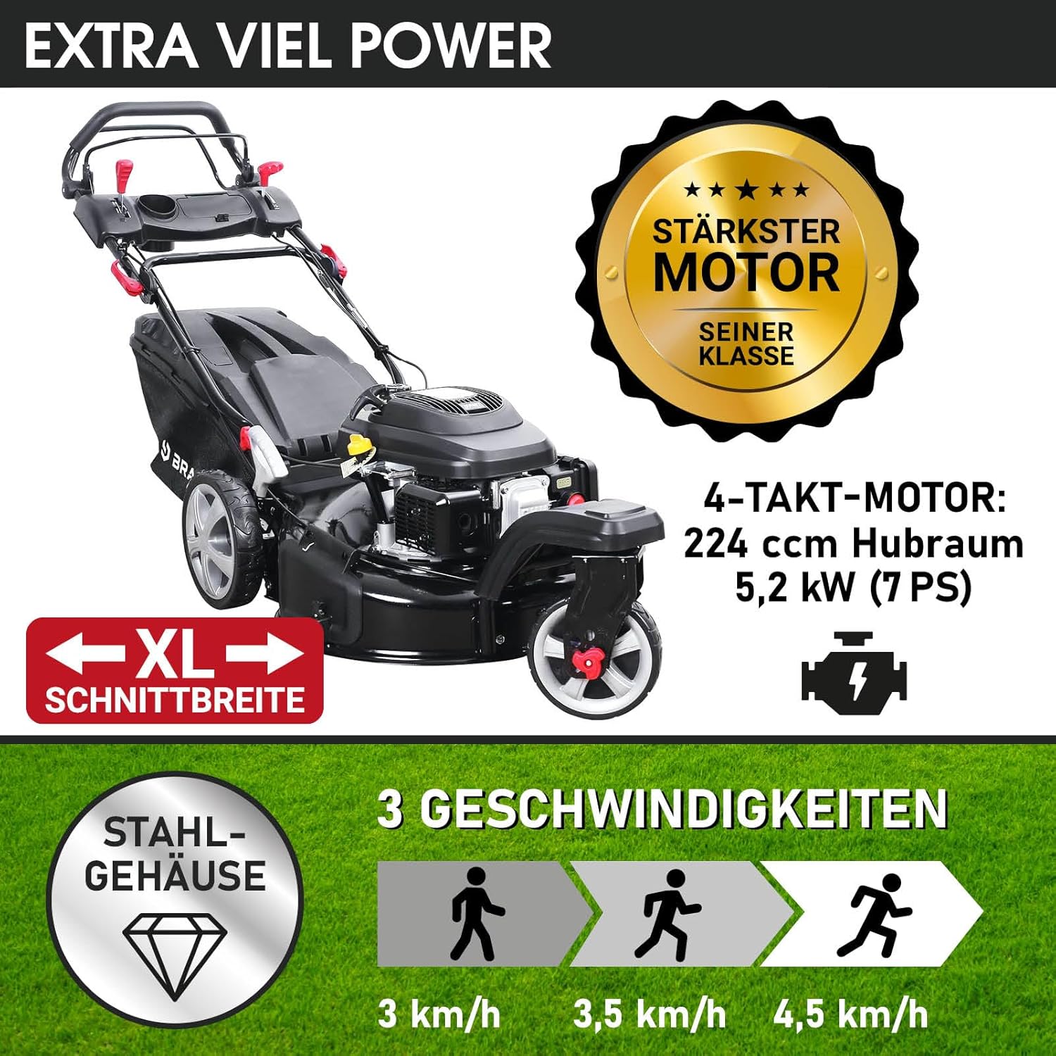 BRAST® Benzin Rasenmäher Trike mit Antrieb | 5,2kW(7PS) | 53cm Schnittbreite | viele Modelle | TÜV | 4 Takt OHV Motor | 30-80mm Schnitthöhe | 60L Fangkorb | Stahlgehäuse | Speed