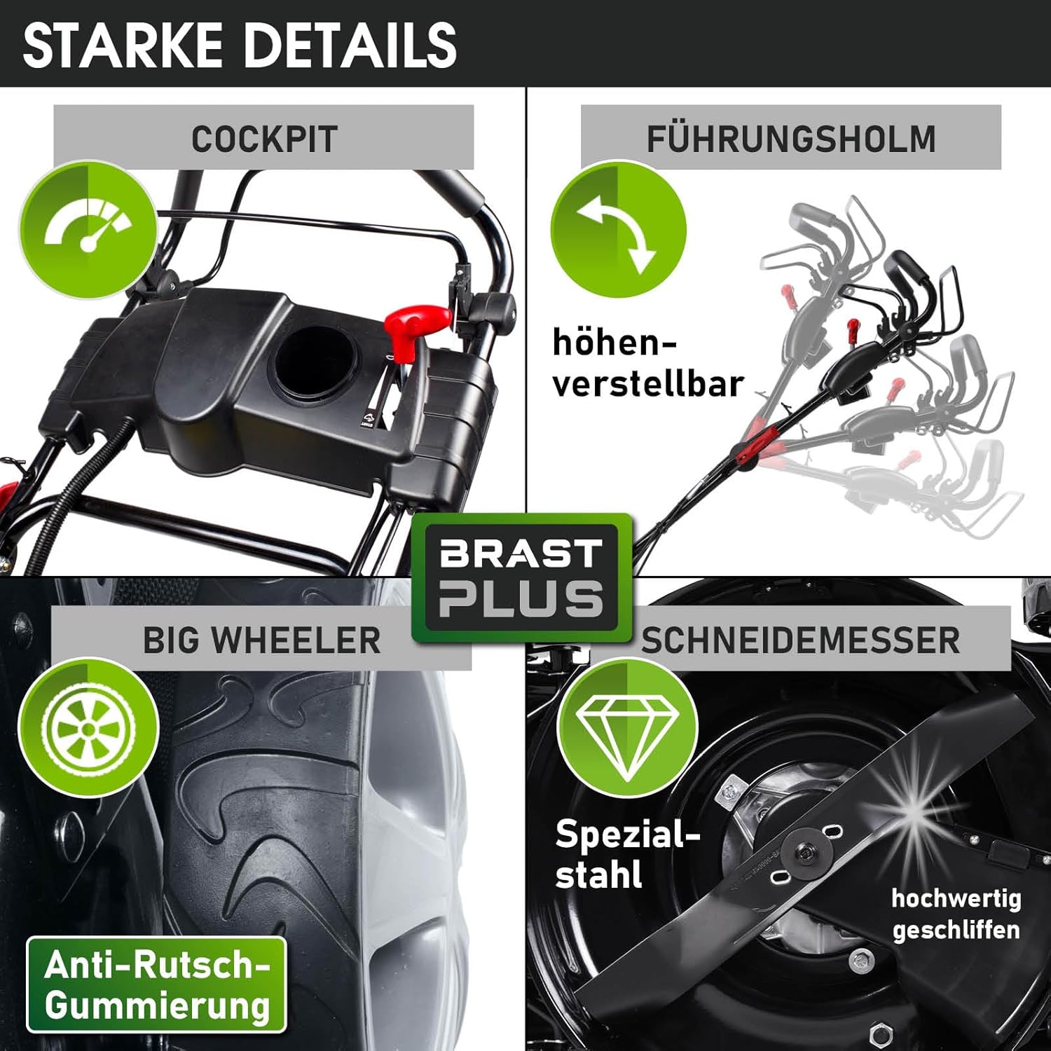 BRAST® Benzin Rasenmäher mit Antrieb | 5,2kW (7PS) | 55cm Schnittbreite | viele Modelle | TÜV | 30-80mm Schnitthöhe | 60L Fangkorb | 4 Takt OHV Motor | Stahlgehäuse | Power