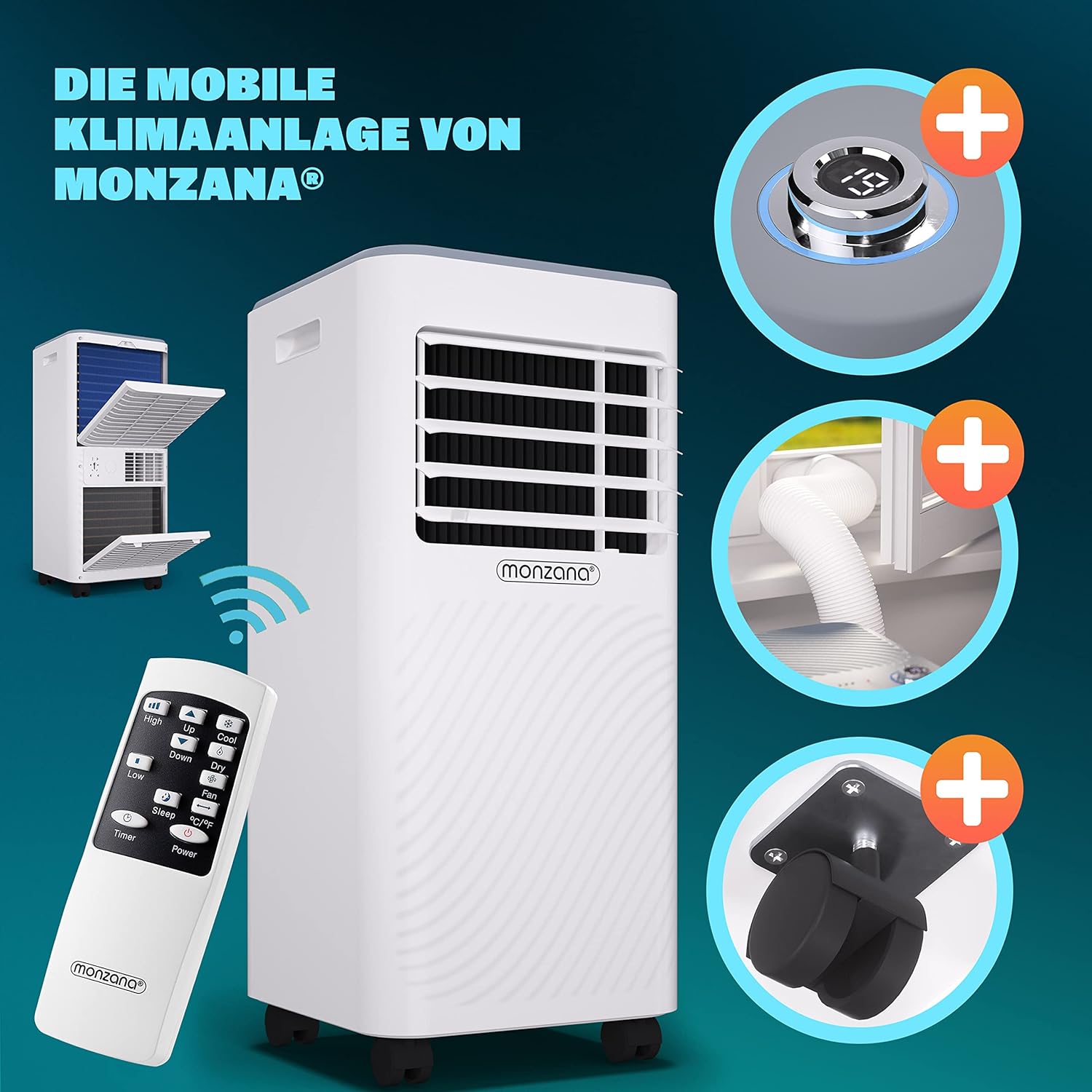 Monzana® lokale Klimaanlage MZKA2000 Mobil Abluftschlauch 7000BTU 3in1 750W 24h Timer 25qm Fernbedienung Luftentfeuchter Rollladenkit Klimagerät