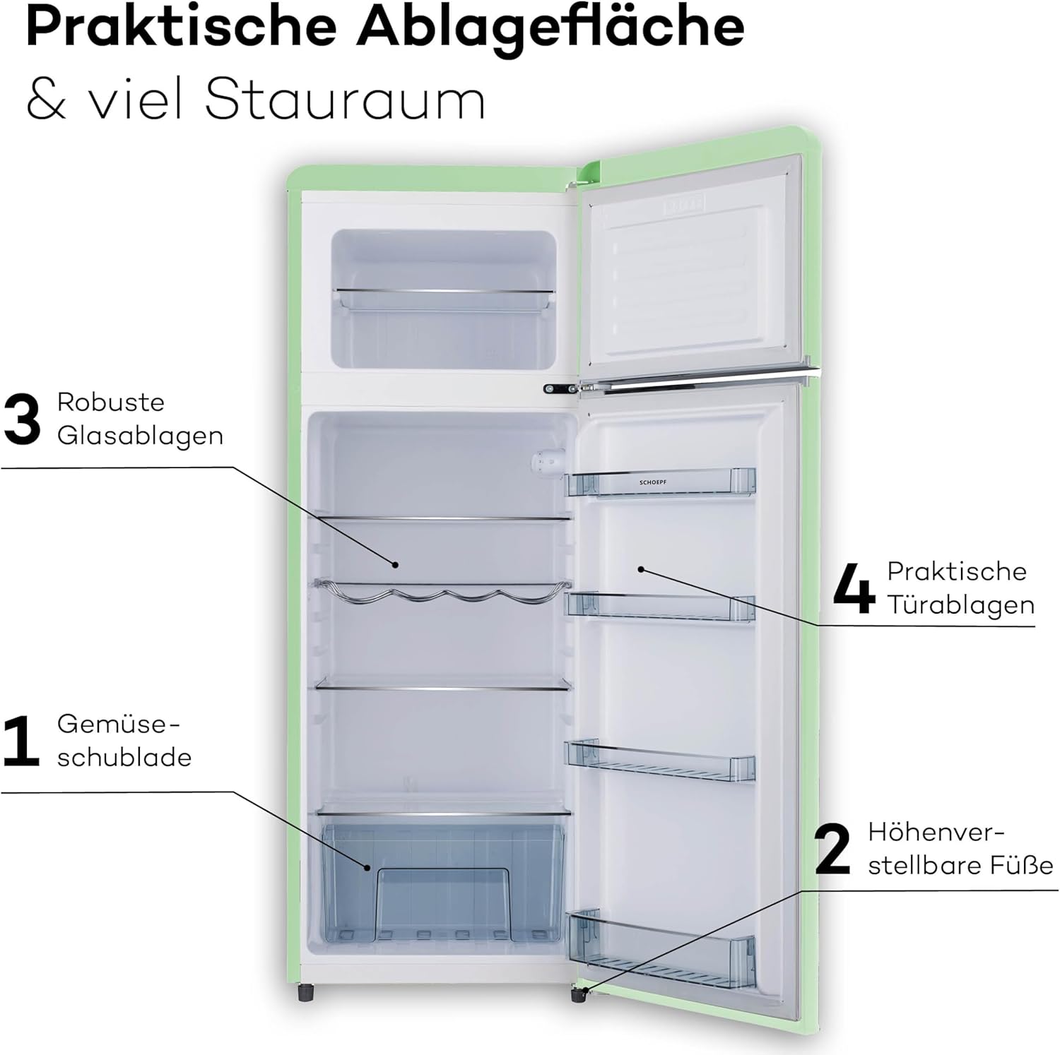 SCHOEPF – RKG218SG Kühl-Gefrierkombination – 211 L – Retro Design – LED-Beleuchtung – 39 dB – Grün/Mint – Höhenverstellbare Füße – Freistehend – Vintage Look