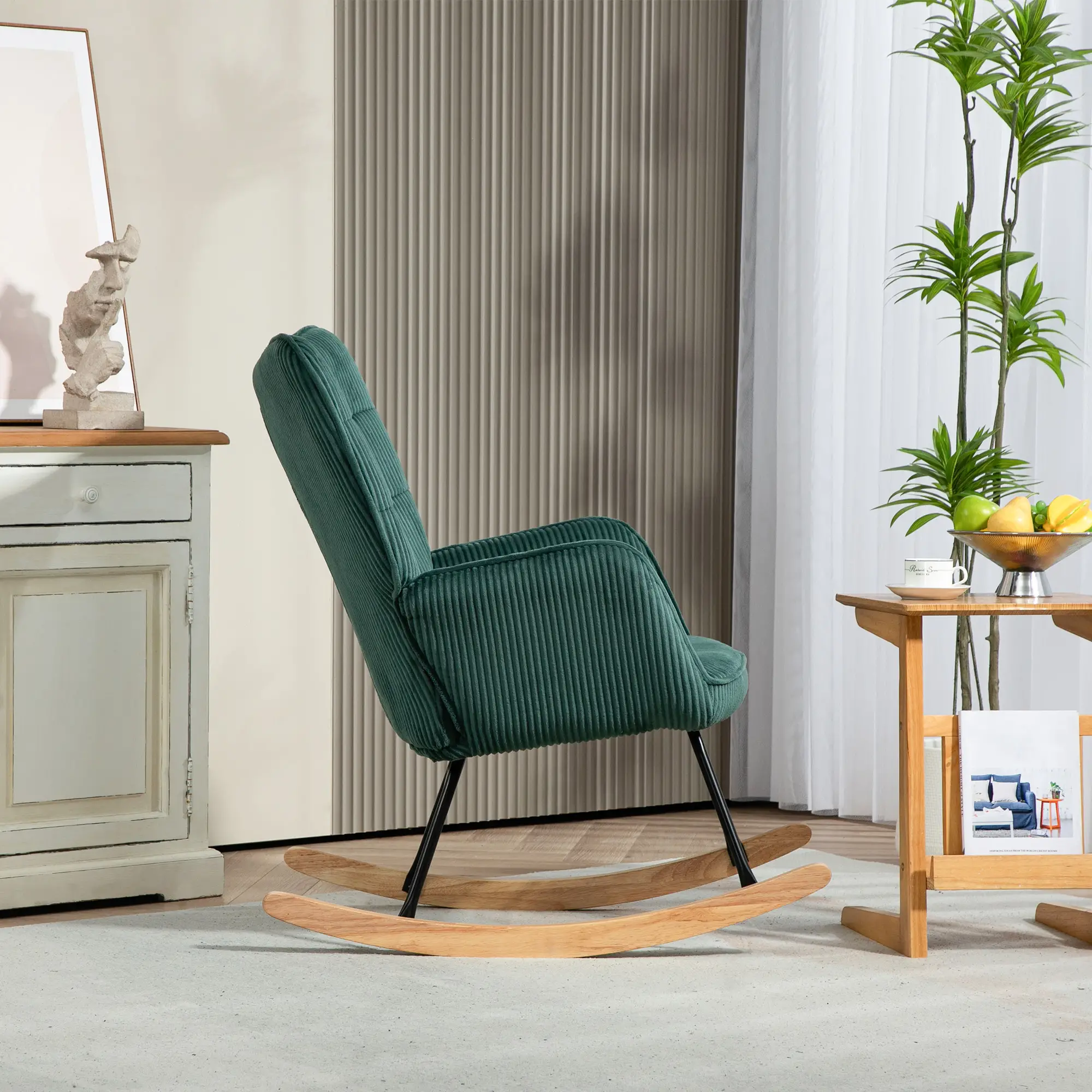 HOMCOM Schaukelstuhl Kordoptik Holzkufen Relaxsessel dunkelgrün