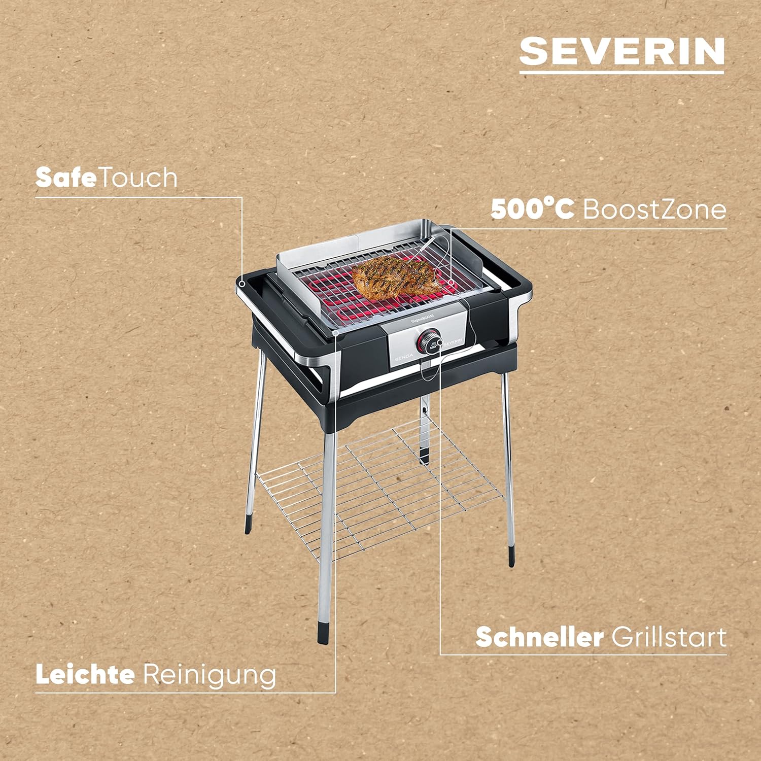 SEVERIN SENOA DigitalBOOST S Elektrogrill mit Untergestell, Standgrill mit schnellem Grillstart bis 500 °C, Balkon Grill mit SafeTouch-Oberfläche, Edelstahl/Schwarz, PG 8118