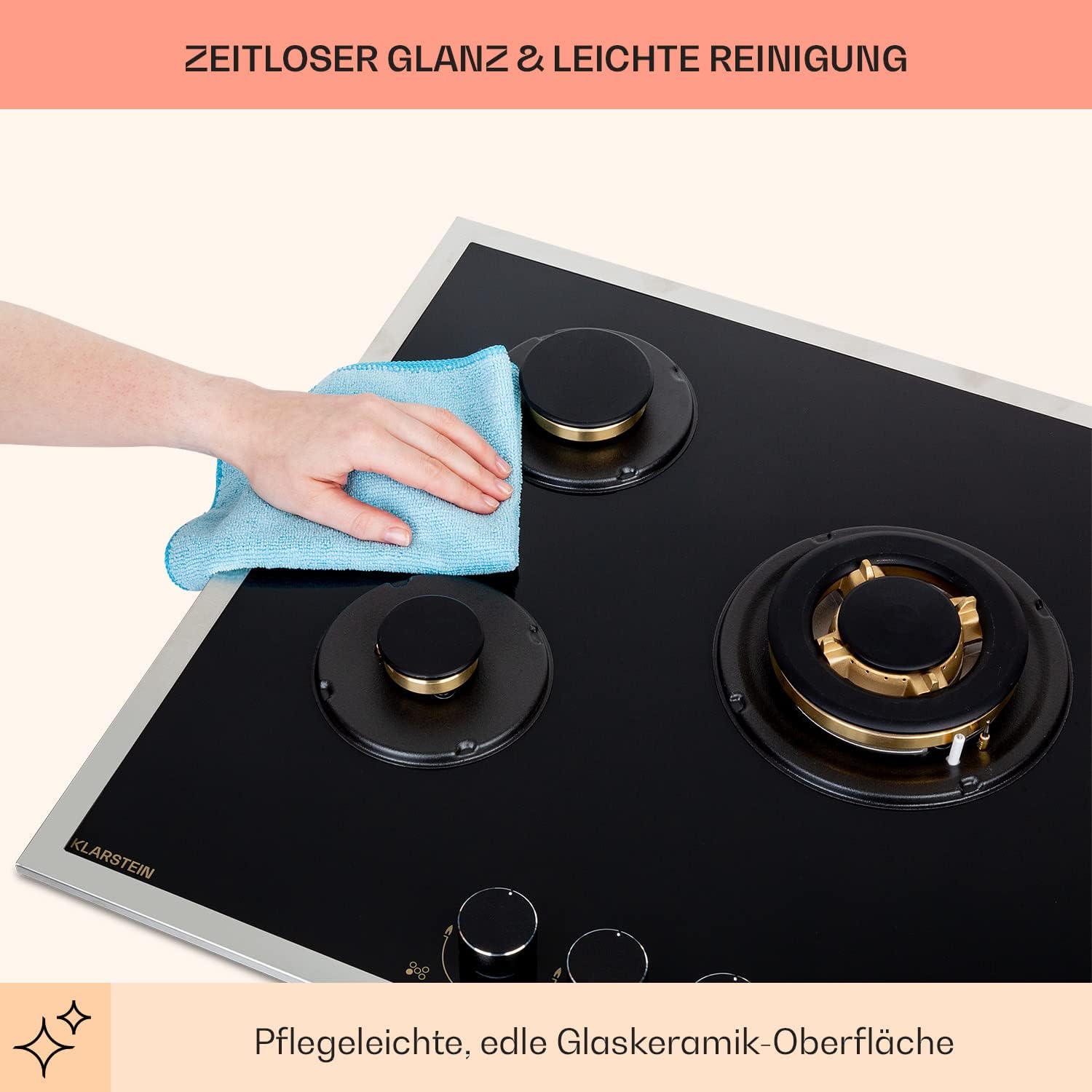 Klarstein Gasherd, Gaskochfeld 5 Flammen, Einbau-Gaskocher für Zuhause & Wohnmobil, Campingkocher mit Glasplatte, Gasherd für Propan- und Erdgas, Edelstahl Gas-Herdplatte Wok Brenner 10400 Watt