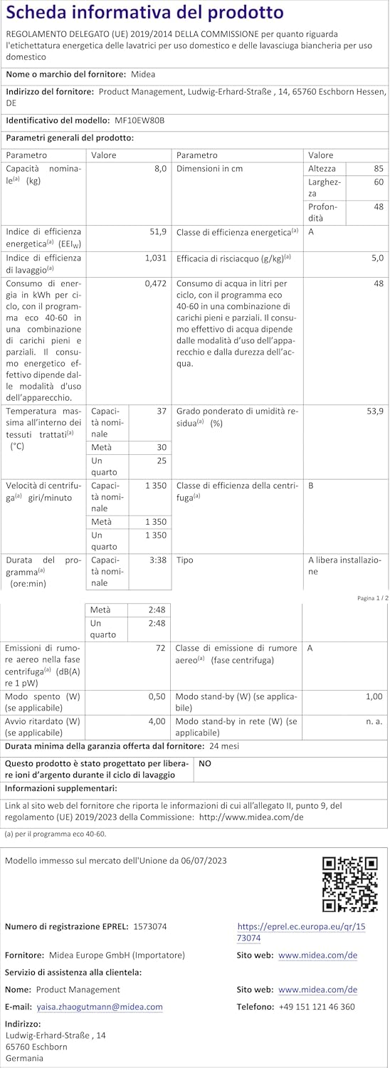Midea MF10EW80B Waschmaschine / 8kg / 1400 U/Min/EEK A/Inverter Quattro Moto/Dampffunktion/Grosse Trommel/Slim Design/Nachlegefunktion/Kindersicherung/AquaStop, Weiß