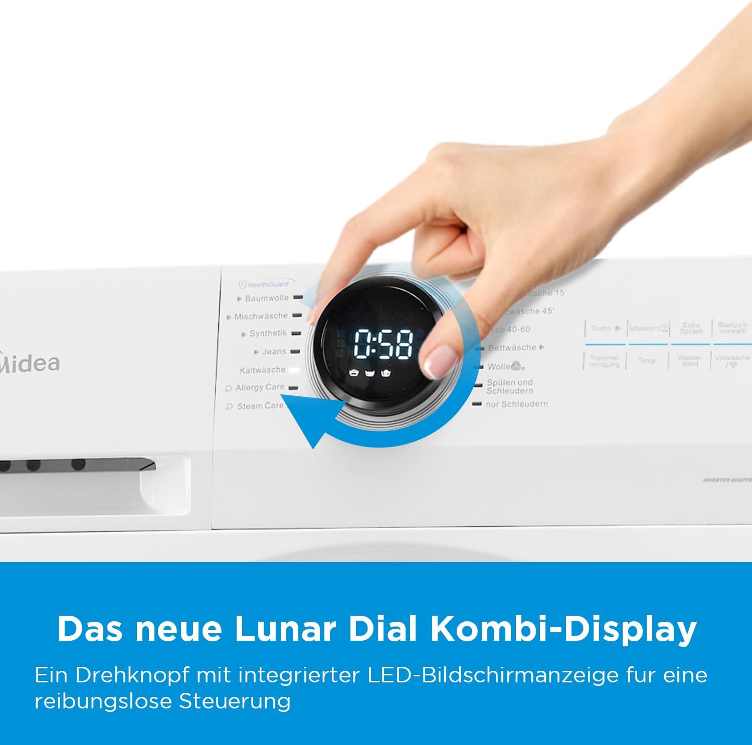 Midea MF200W90WB-14A Waschmaschine / 9KG / A/Leiser & effizienter Inverter Motor/HealthGuard-System/Steam Care/Nachlegefunktion/APP-Steuerung/AquaStop, Weiß