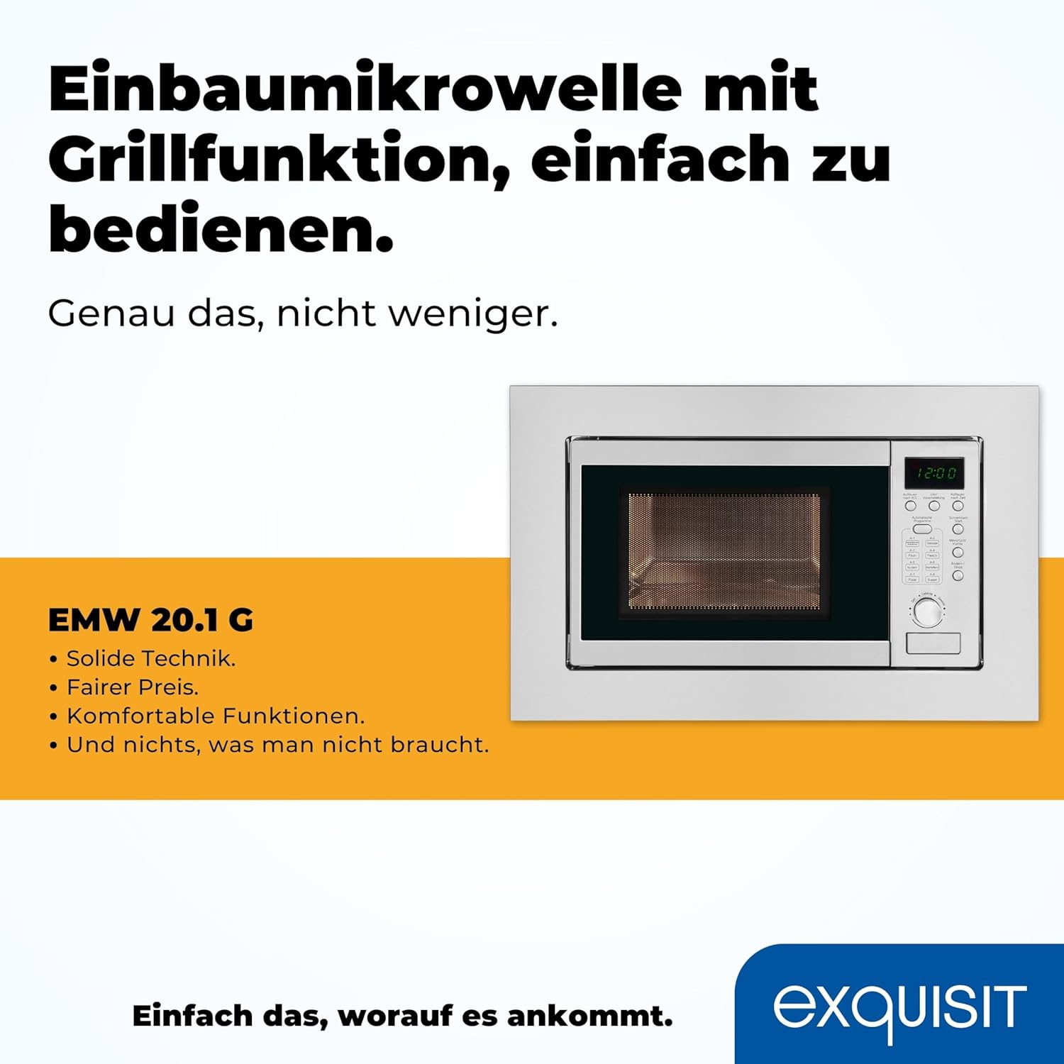 Exquisit EMW 20.1G Einbau-Mikrowelle | 20 L Garraum | 800 W | Inoxlook | 1000 W Grilleistung | 5 Leistungsstufen | Timer | Drehteller: 24,5cm Ø | 8 Autokochprogramme | Innenbeleuchtung