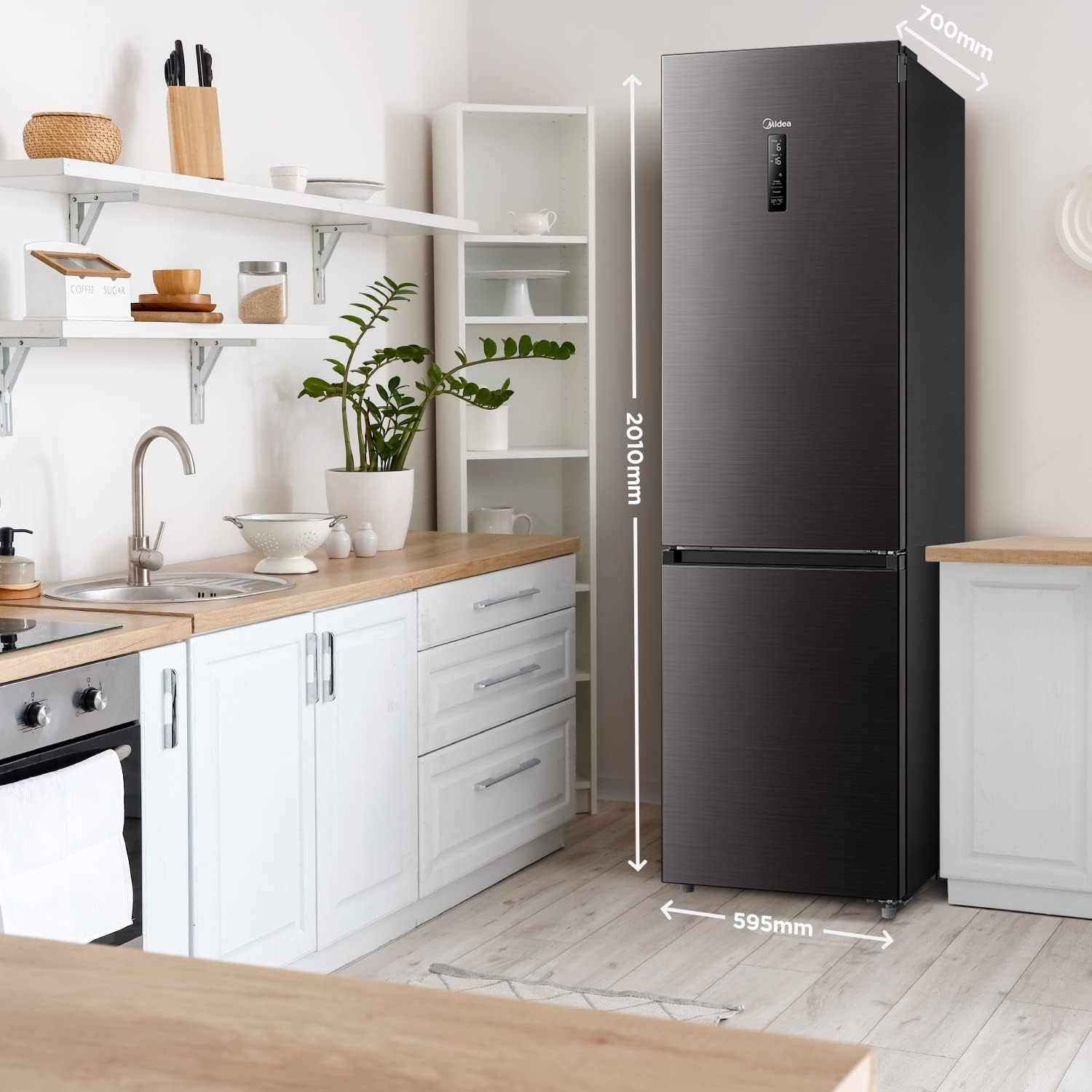 Midea MDRB521MGA28O Kühl-/Gefrierkombination/NoFrost/Inverter Kompressor/Metal Cooling/Niedrigtemperaturzone/180° Verstellbare Gefrierfach-Schublade/201 cm hoch/256 L Kühlteil/122 L Gefrierteil