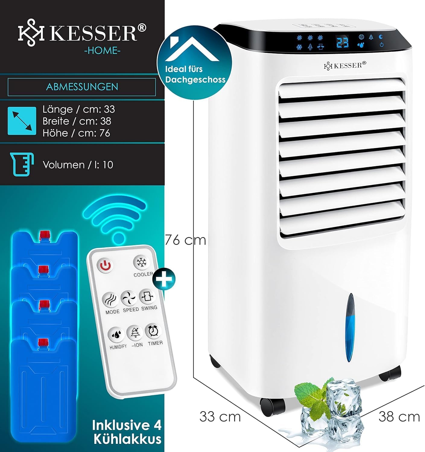 KESSER 4in1 Mobile Klimaanlage | Fernbedienung | Klimagert | Ventilator Klimaanlage | Timer | 3 Stufen | Ionisator Luftbefeuchter | Luftkühler |