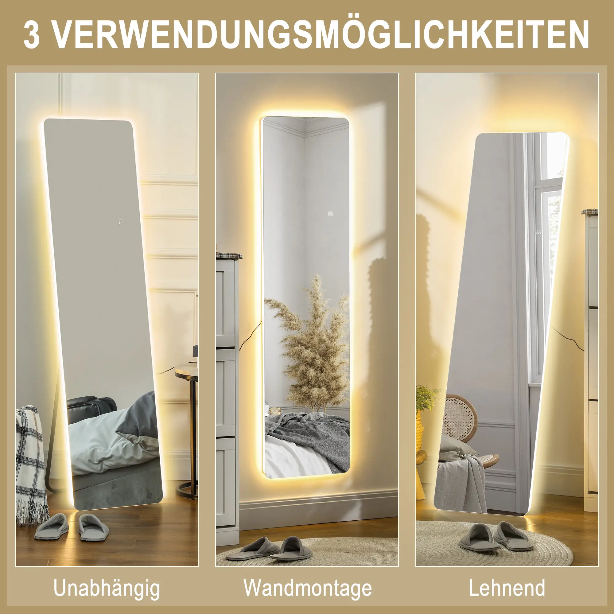HOMCOM Standspiegel LED Touch dimmbar 3 Lichtfarben Ganzkörperspiegel