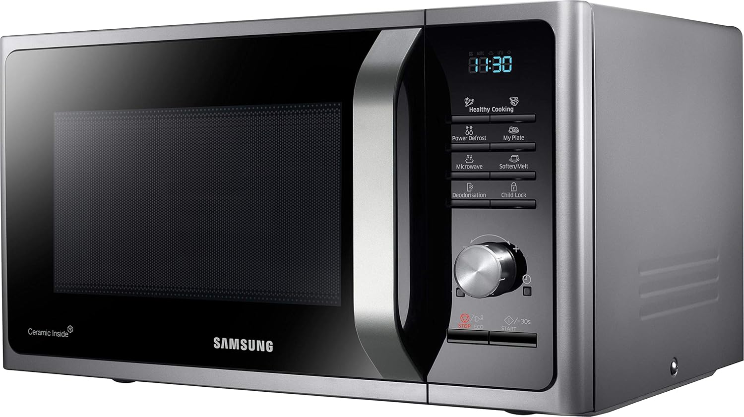 Samsung MS2BF303TAS/EG Mikrowelle, 1000 W, 28 ℓ Garraum (Extra groß), 51,2 cm Breite, Power Defrost, 26 Automatikprogramme, Silber
