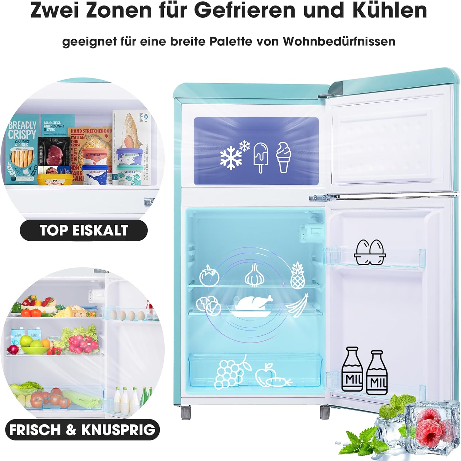 Merax Kühlschrank mit Gefrierfach, Kühl-Gefrierkombination, klein Kühlschrank mit 51L und Gefrierschrank 21L, Leise, LED, Glasablagen, Gemüsefach, Türablagen, für Küche, Wohnzimmer, Büro, Schwarz