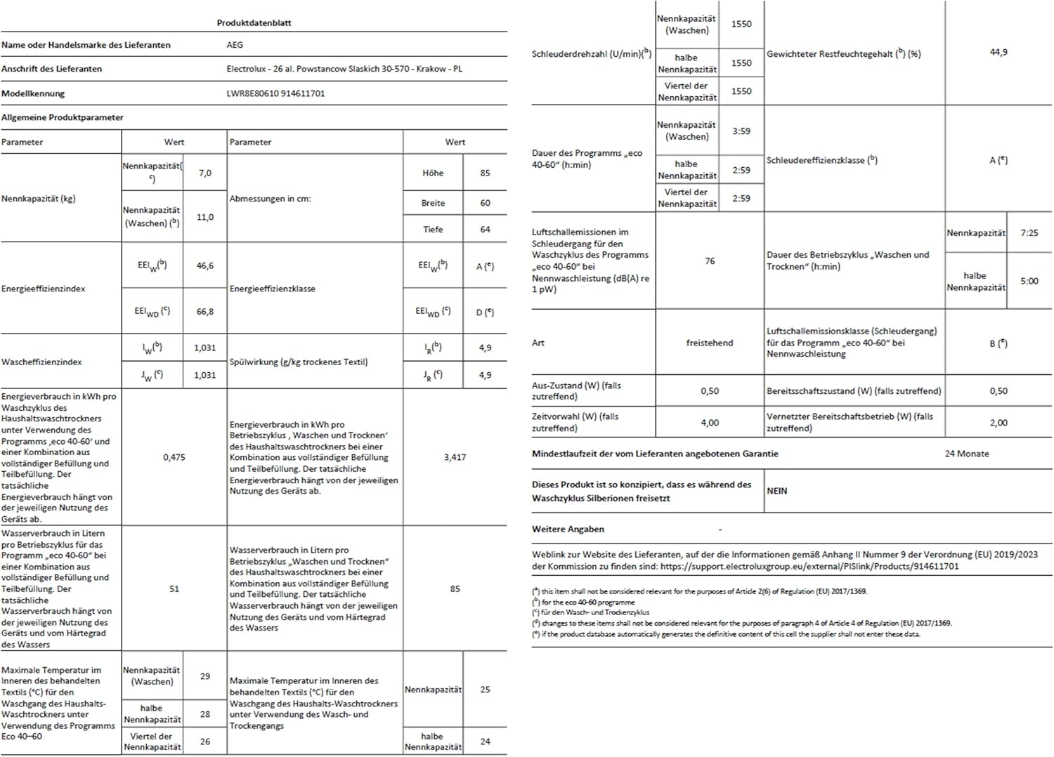 AEG L7WBA60680 Waschtrockner / DualSense - schonende Pflege / 8 kg Waschen / 5 kg Trocknen / D / energiesparend / Mengenautomatik / Nachlegefunktion / ProSteam - Auffrischfunktion / 1600 U/min Weiß