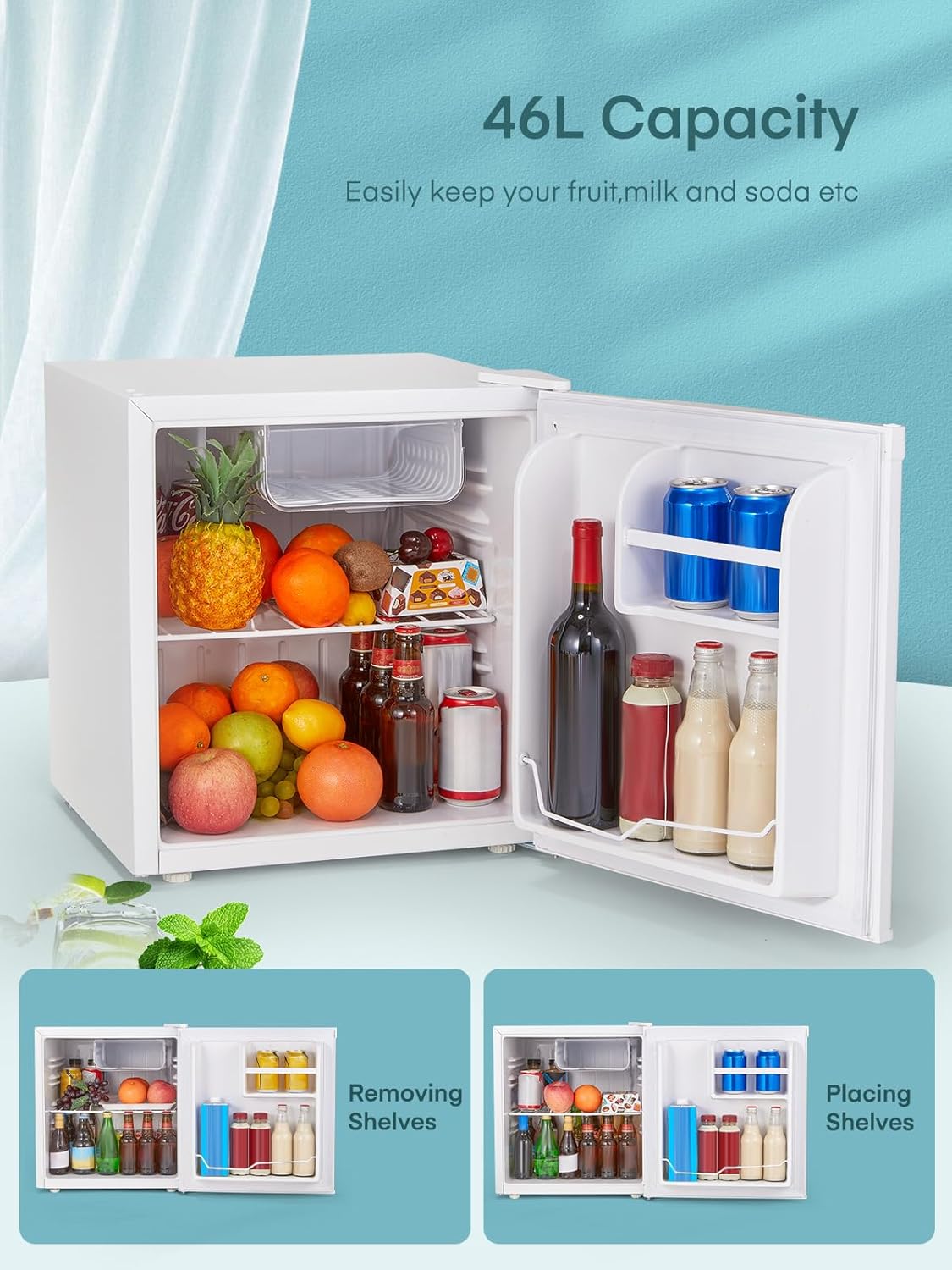 FOHERE Mini Kühlschrank 46L mit Eisfach | Getränkekühlschrank | Temperaturregelung, Energiesparend, Leise | Kühlschrank Klein Ideal für Küche, Büro, Schlafzimmer | Wechselbarer Türanschlag | Weiß