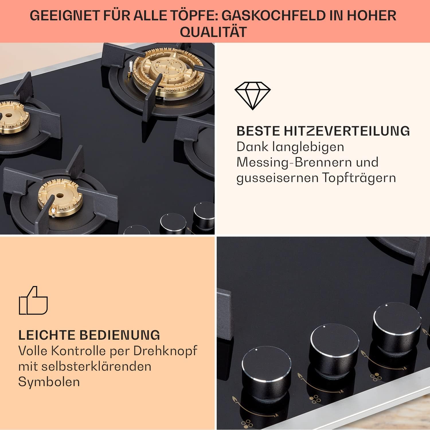 Klarstein Gasherd, Gaskochfeld 4 Flammig, Einbau-Gaskocher für Zuhause & Wohnmobil, Campingkocher mit Glasplatte, Gasherd für Propan- und Erdgas, Edelstahl Gas-Herdplatte Wok Brenner 8000 Watt