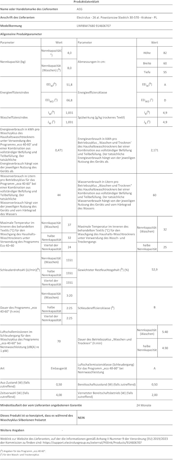 AEG L7WBA60680 Waschtrockner / DualSense - schonende Pflege / 8 kg Waschen / 5 kg Trocknen / D / energiesparend / Mengenautomatik / Nachlegefunktion / ProSteam - Auffrischfunktion / 1600 U/min Weiß