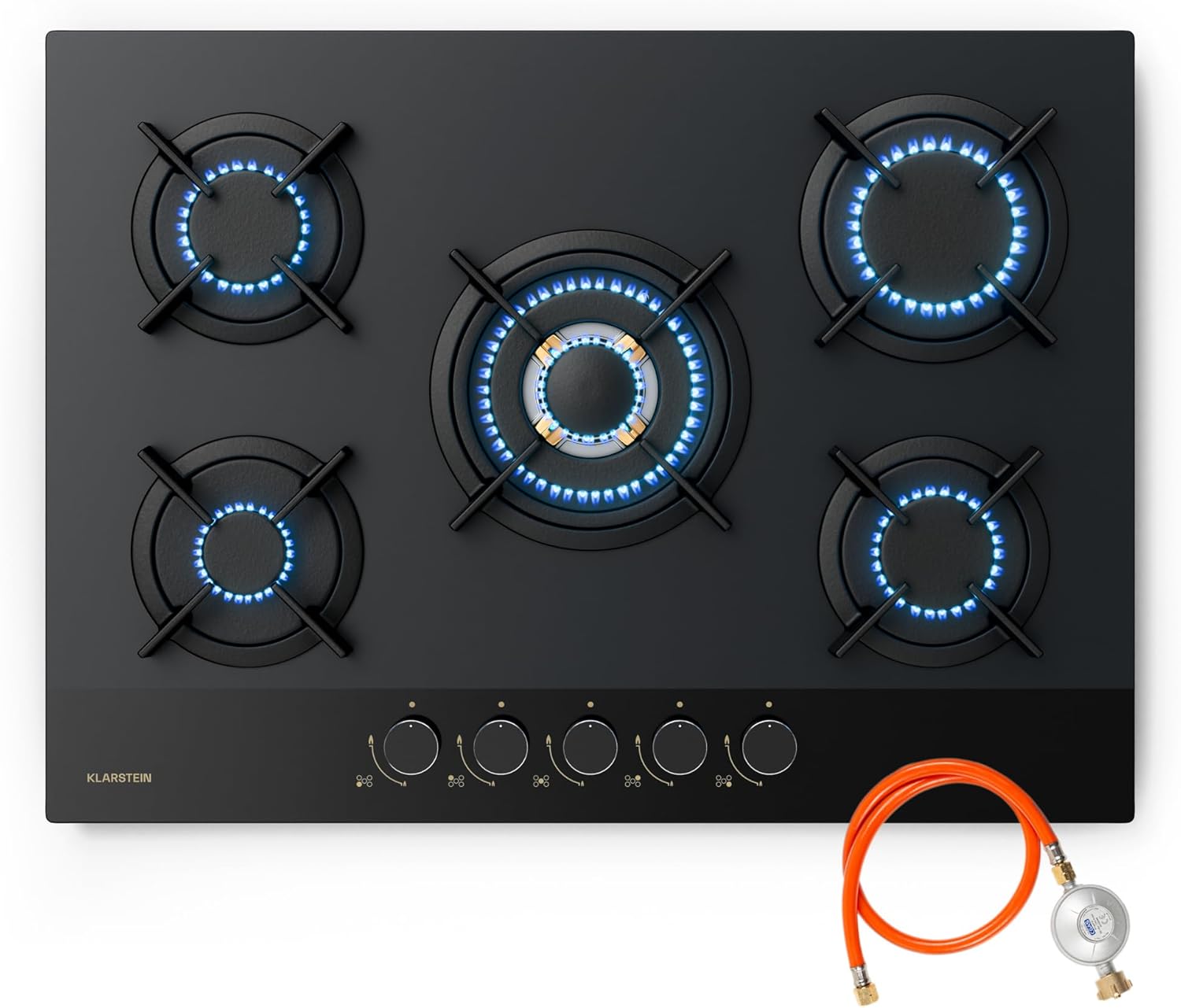Klarstein Gasherd, Gaskochfeld 5 Flammen, Einbau-Gaskocher für Zuhause & Wohnmobil, Campingkocher mit Glasplatte, Gasherd für Propan- und Erdgas, Edelstahl Gas-Herdplatte Wok Brenner 10400 Watt