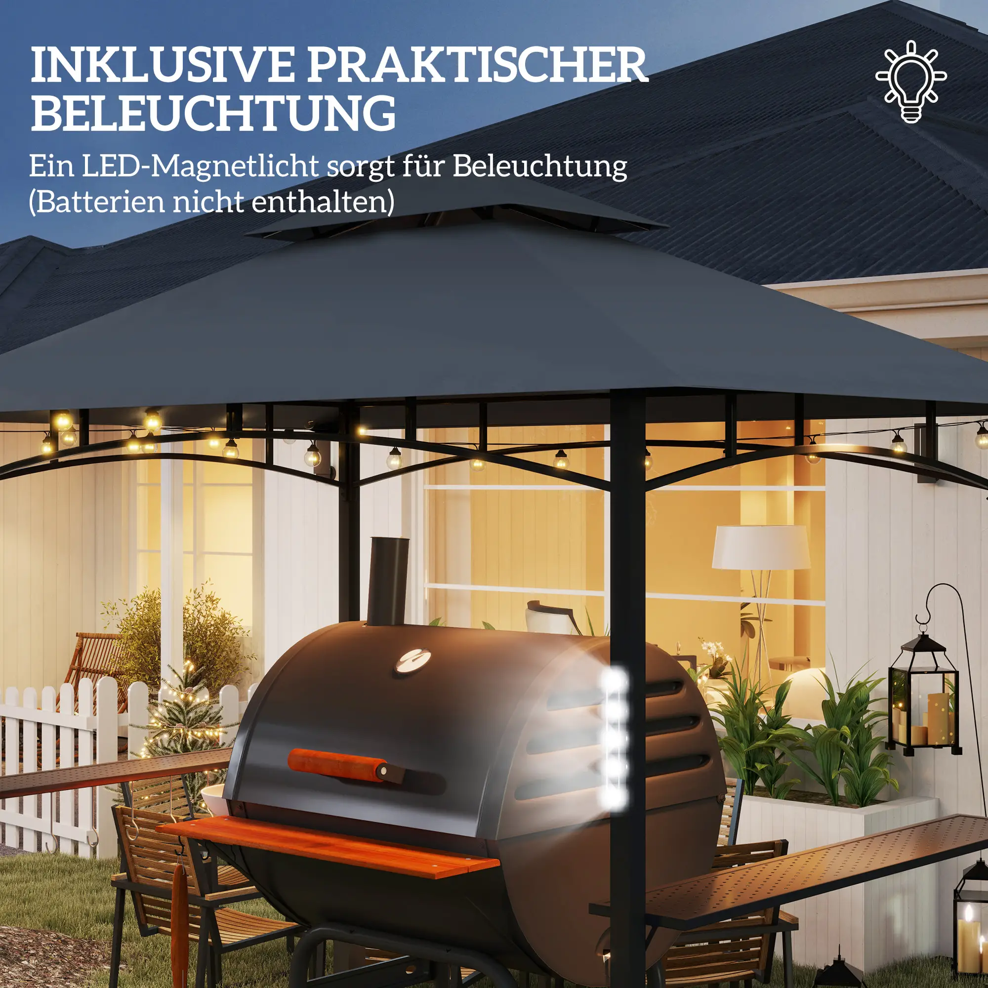 Outsunny Grillpavillon doppelschichtiges Vordach LED-Licht