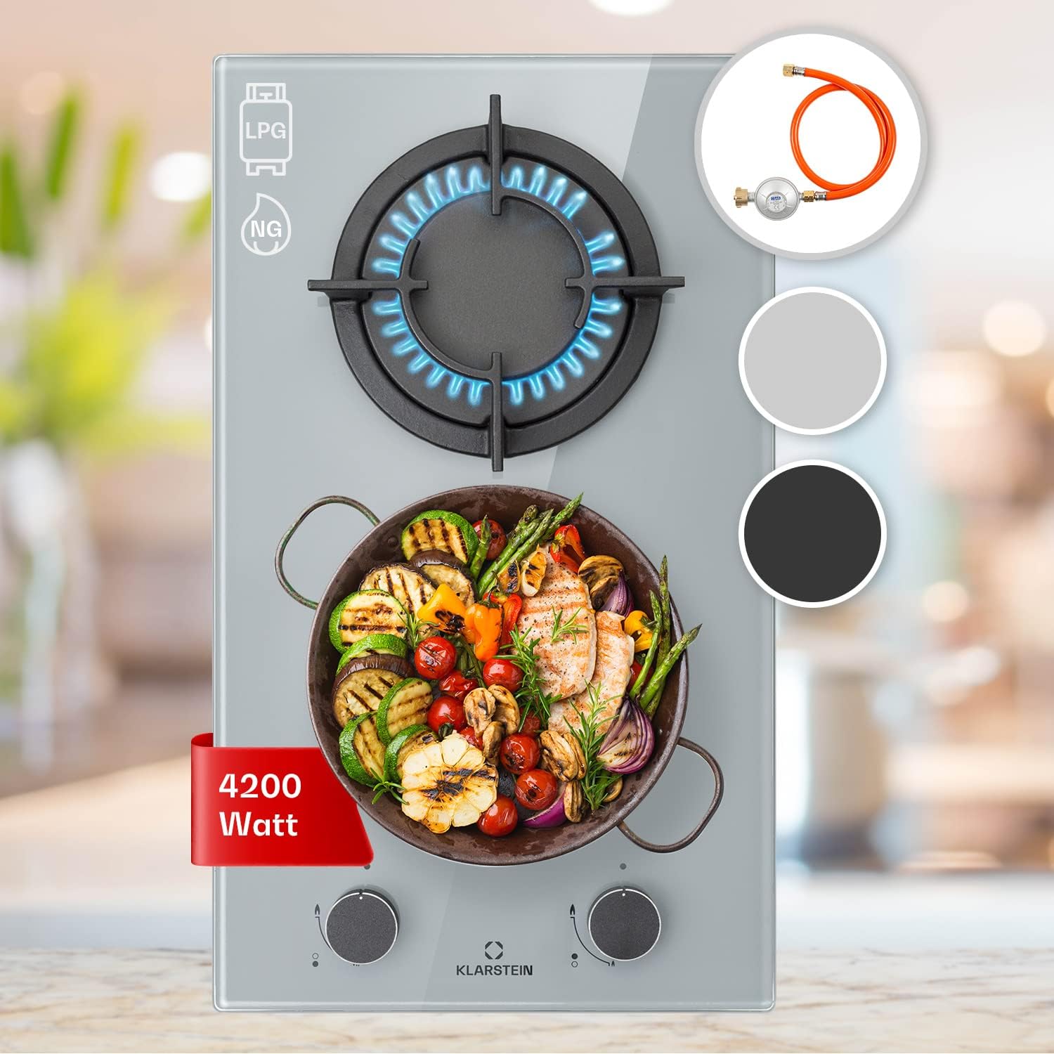 Klarstein Gasherd, Einbau-Gasherd für Propan Gasflasche, Gaskochfeld 4 Flammig, Gasherd für Küche, Camping & Wohnmobil, 8000 W Kochplatte, LPG Gaskocher, Herdplatte für Propangas, Edelstahl Gas-Herd