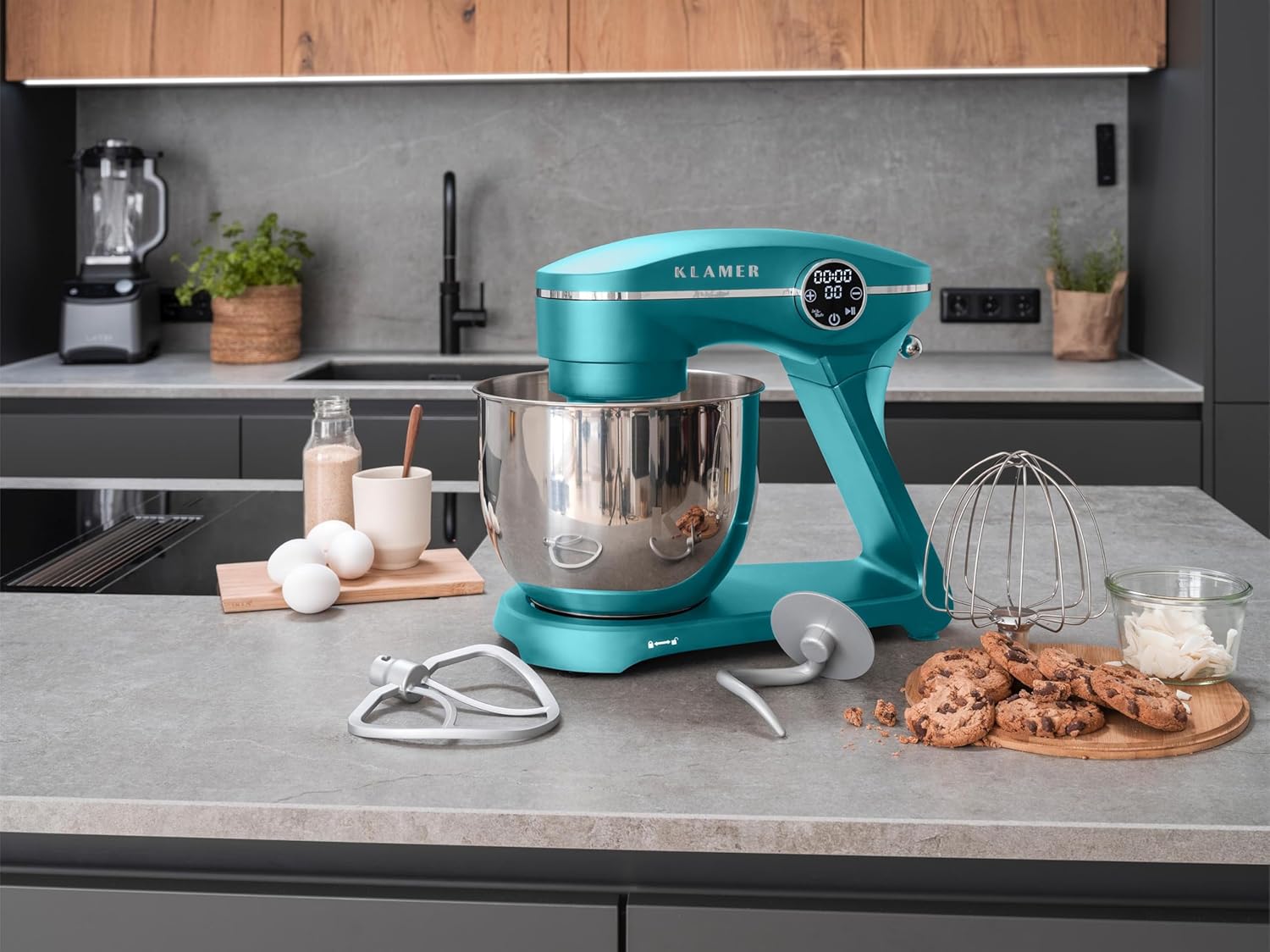 KLAMER Küchenmaschine 1800W, Knetmaschine mit 6 Liter Edelstahl Schüssel, 10 Geschwindigkeitsstufen mit Timer, Rührbesen, Knethaken, Schneebesen und Spritzschutz