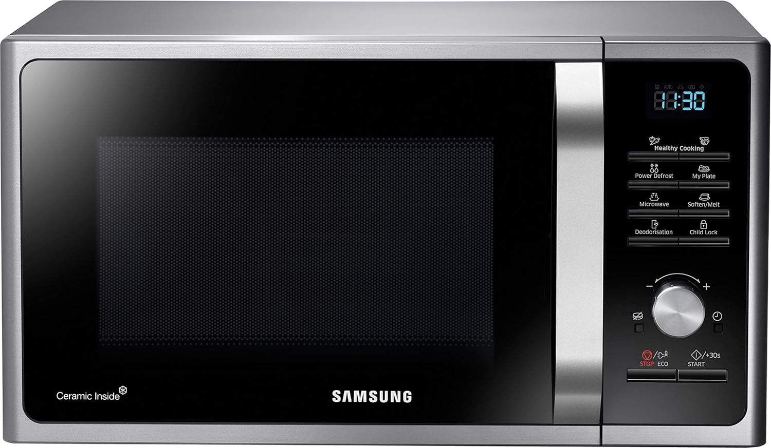 Samsung MS2BF303TAS/EG Mikrowelle, 1000 W, 28 ℓ Garraum (Extra groß), 51,2 cm Breite, Power Defrost, 26 Automatikprogramme, Silber