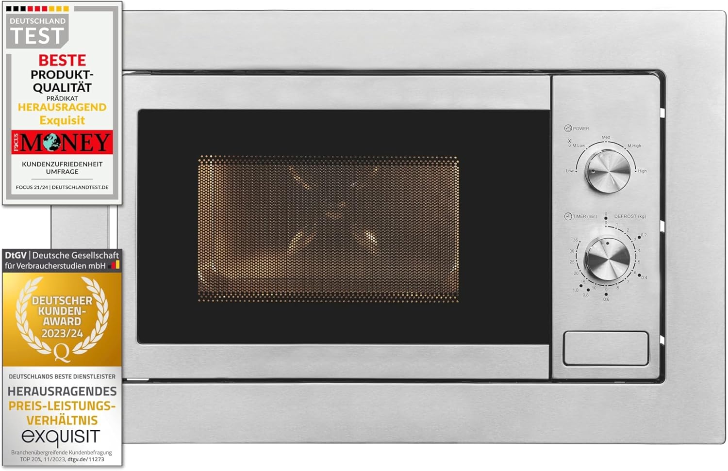 Exquisit Einbaumikrowelle EMW10-020 inox | 800 W Leistung | Kinderleichte Bedienung | Einfacher Einbau | Timer | Drehteller 27cm | Mikrowelle 60 cm | Einbaugerät | Edelstahl