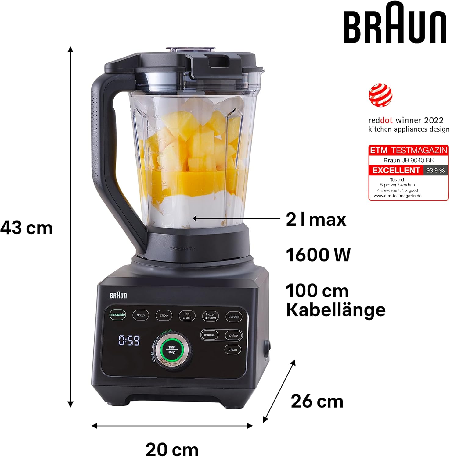 Braun PowerBlend 9 JB9040 Hochleistungsmixer – Mixer mit Tritan-Krug, 18 Mixprogramme, 10 Geschwindigkeiten + Pulsfunktion, Heißsuppenfunktion, Reinigungsprogramm, Ausguss, 1600 W, Schwarz
