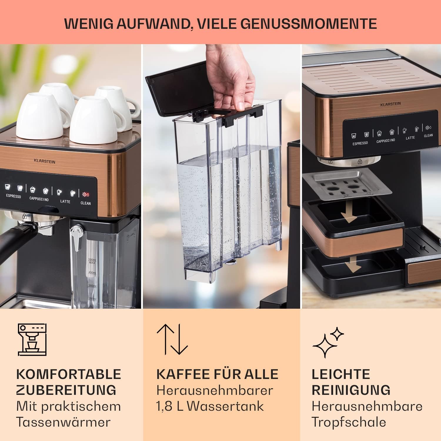 Klarstein Espresso Siebträgermaschine mit Milchaufschäumer, 1,8L Mini-Espressomaschine mit Siebträger, 20 Bar, Edelstahl, Klein, 0,5L Milchtank, 1350W Kaffeemaschine für Gemahlenen Kaffee