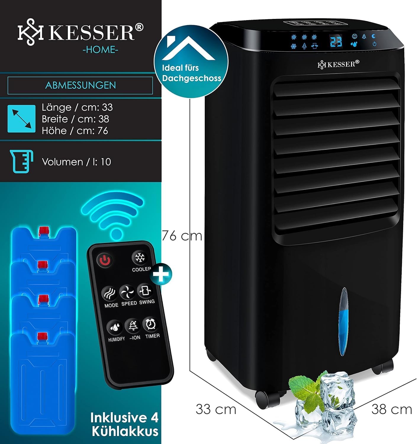 KESSER 4in1 Mobile Klimaanlage | Fernbedienung | Klimagert | Ventilator Klimaanlage | Timer | 3 Stufen | Ionisator Luftbefeuchter | Luftkühler |