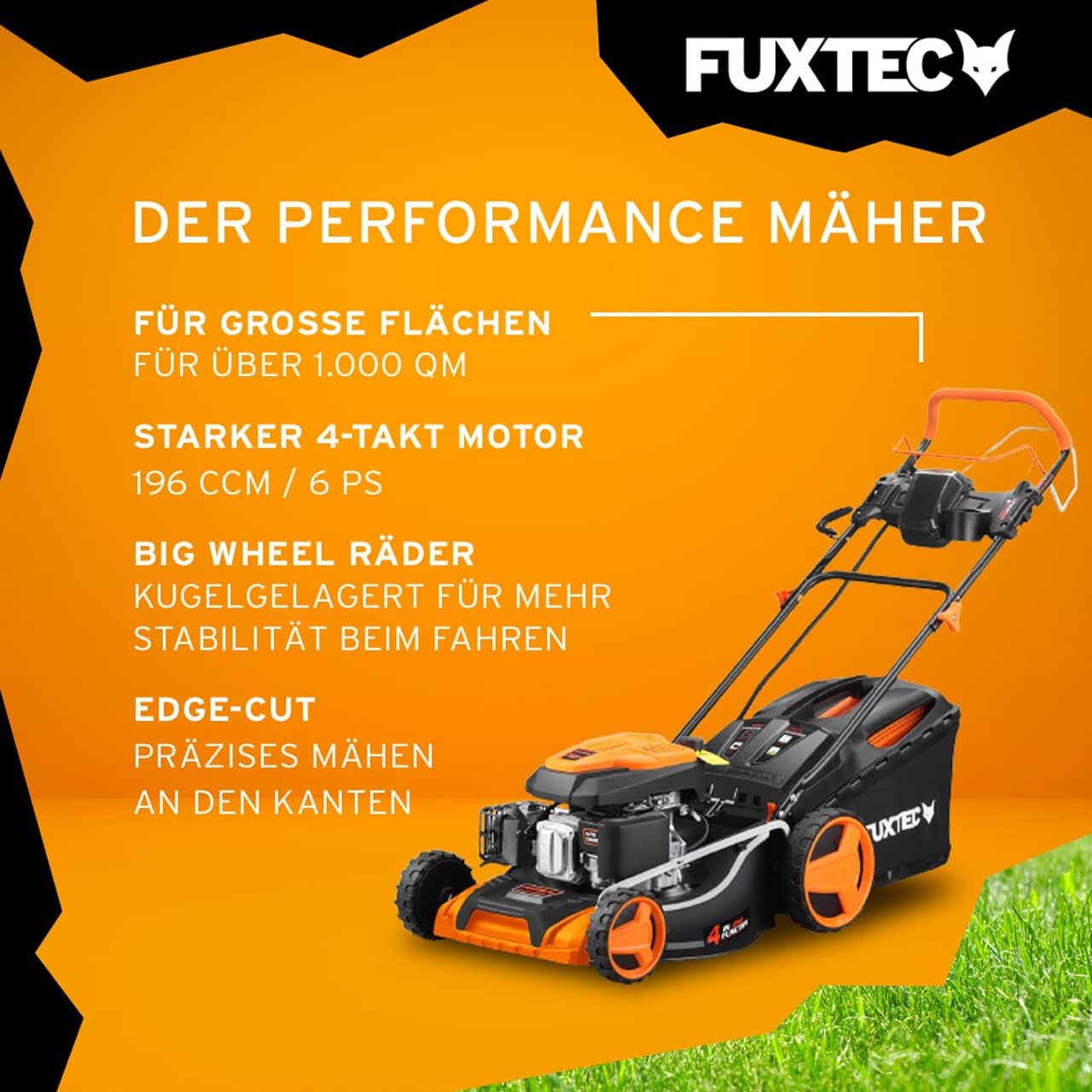 FUXTEC 4in1 Benzin Rasenmäher FX-RM5196eSPRO mit E-Start und regulierbarem Selbstantrieb, Gartenmäher inkl. Frontstoßstange, 51 cm Schnittbreite, kugelgelagerte Big Wheel Räder, 60L Grasfangkorb