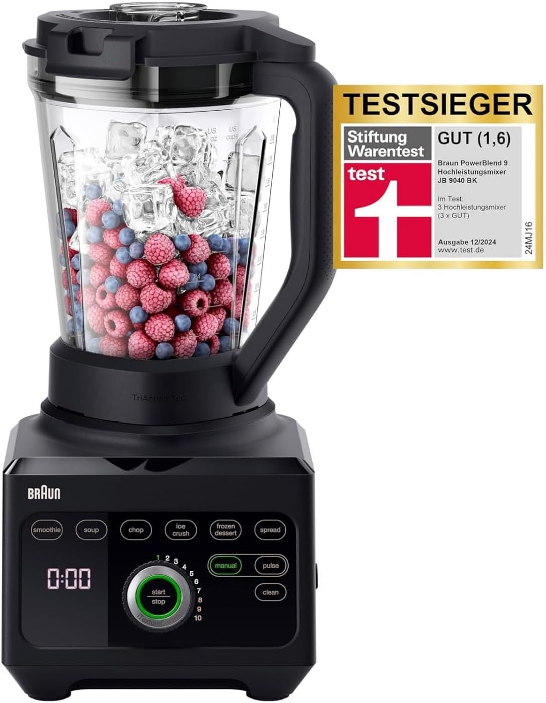 Braun PowerBlend 9 JB9040 Hochleistungsmixer – Mixer mit Tritan-Krug, 18 Mixprogramme, 10 Geschwindigkeiten + Pulsfunktion, Heißsuppenfunktion, Reinigungsprogramm, Ausguss, 1600 W, Schwarz