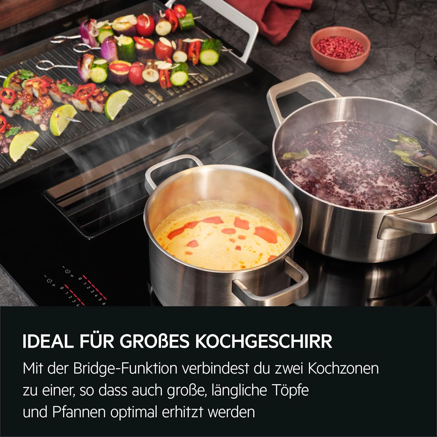 AEG IKE84441XB Autarkes Kochfeld / Herdplatte mit Touchscreen, Topferkennung & Hob²Hood-Funktion / Induktionskochplatte / 4 Kochzonen / Edelstahlrahmen / 80 cm Schwarz