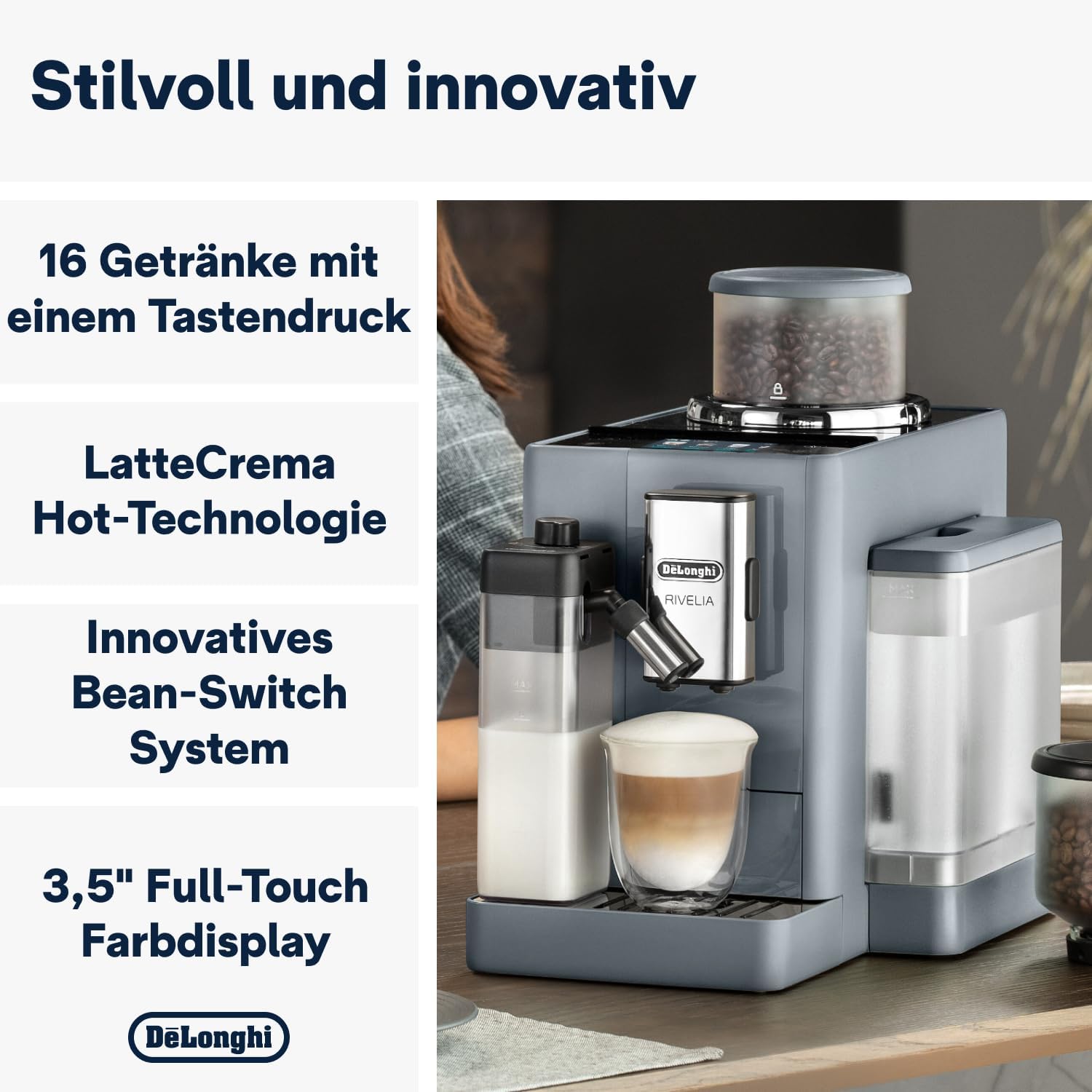 De'Longhi Rivelia EXAM440.55.W Kaffeevollautomat mit LatteCrema Milchsystem, Wechselbarer Bohnenbehälter, 16 Kaffee- & Milchgetränke auf Knopfdruck, Extra-Shot-Funktion, 3,5 Touch-Display, Weiß