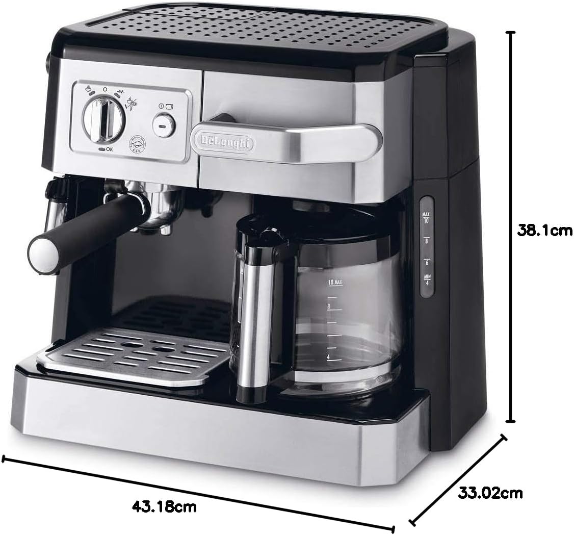 De'Longhi Kombikaffeemaschine BCO 421.S – Kaffeemaschine mit Espresso-Siebträger und Filterkaffee-Funktion inkl. Milchaufschäumdüse, Glaskanne & Wasserfilter-System, 1 l, Edelstahl/Schwarz, single
