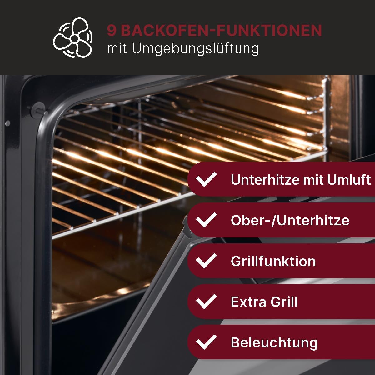 Bomann Elektroherd-Set | Einbauherd mit Ceranfeld | Kochfeld mit 4 Kochzonen | Einbaubackofen mit 56l Nutzinhalt | 9 Backofen Funktionen | Glaskeramik-Kochfeld mit Bräterzone | EHBC 7936 IX