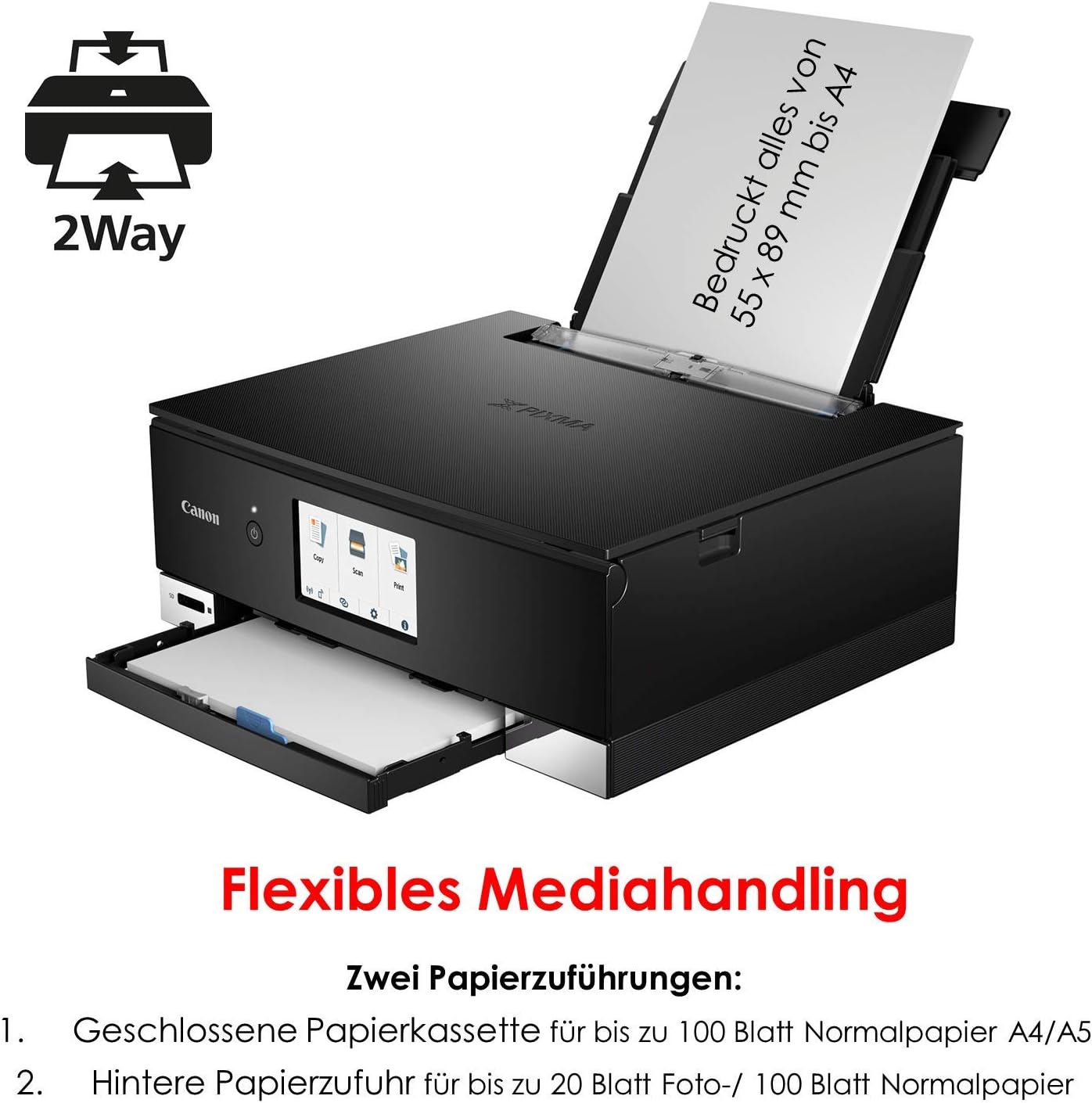 Canon PIXMA TS8351a Drucker Farbtintenstrahl Multifunktionsgerät DIN A4 (Scanner, Kopierer, 4.800 x 1.200 dpi, 6 separate Tinten, USB, WLAN, AirPrint, Duplexdruck, 2 Papierzuführungen, 5 GHz), weiß