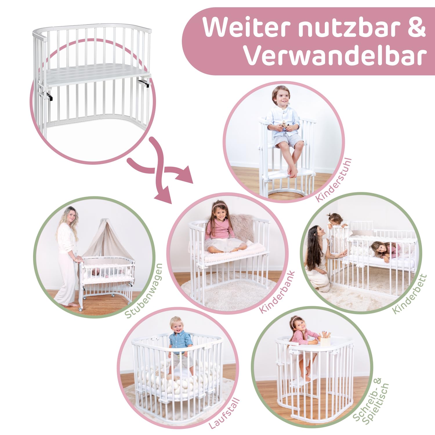 babybay Original Beistellbett aus massivem Buchenholz / kompakt & verwandelbar / Kinderbett Höhe stufenlos verstellbar & umweltfreundlich / mitwachsendes Babybett (weiß lackiert) / inkl. Matratze
