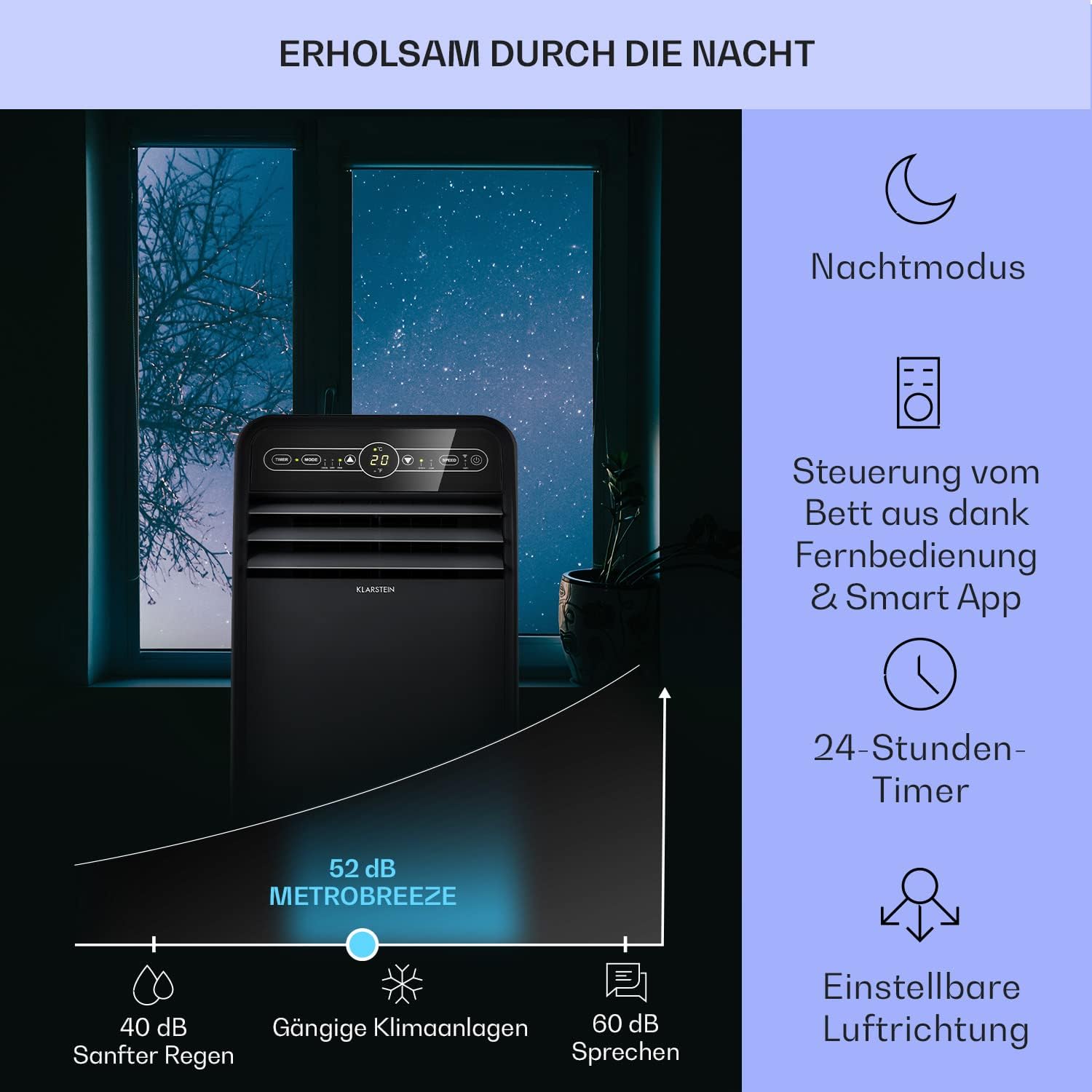 Klarstein Mobile Klimaanlage mit Abluftschlauch, 4-in-1 Klimagerät mit Ventilator, Luftentfeuchter & Nachtmodus, Kleine & Portable Klimaanlage für Wohnung & Büro, Niedriger Verbrauch, 9000 BTU