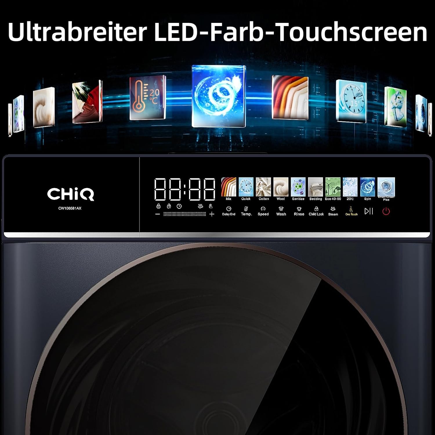 CHiQ Waschmaschine 7kg, 15 Programme, InverterMotor, Eco-Logic, Speed Wash, 60x46,5x84cm, Auto Clean, Washer Grau, CW07123863AX