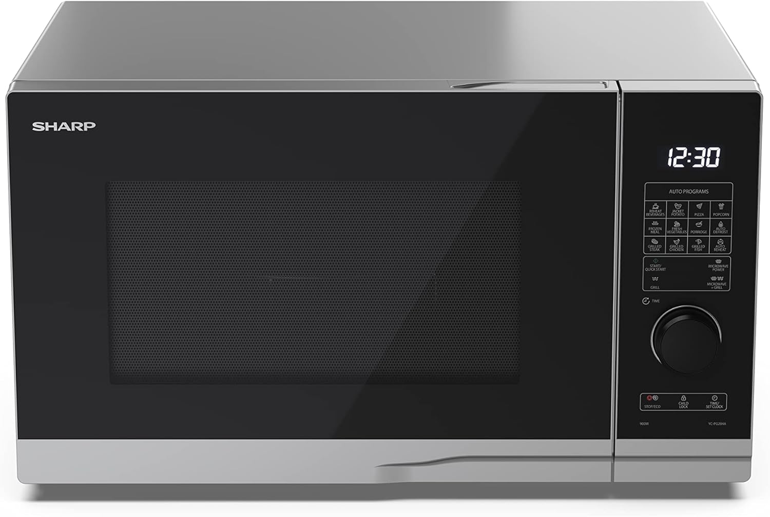 SHARP MG81ES Mikrowelle mit Grill (Mikrowelle: 900W, Grill: 1100W, 11 Leistungsstufen, Auftaufunktion, Abmessungen: 512x300x396cm, Emaille-Keramik-Garraum mit antibakteriellen Eigenschaften), silber