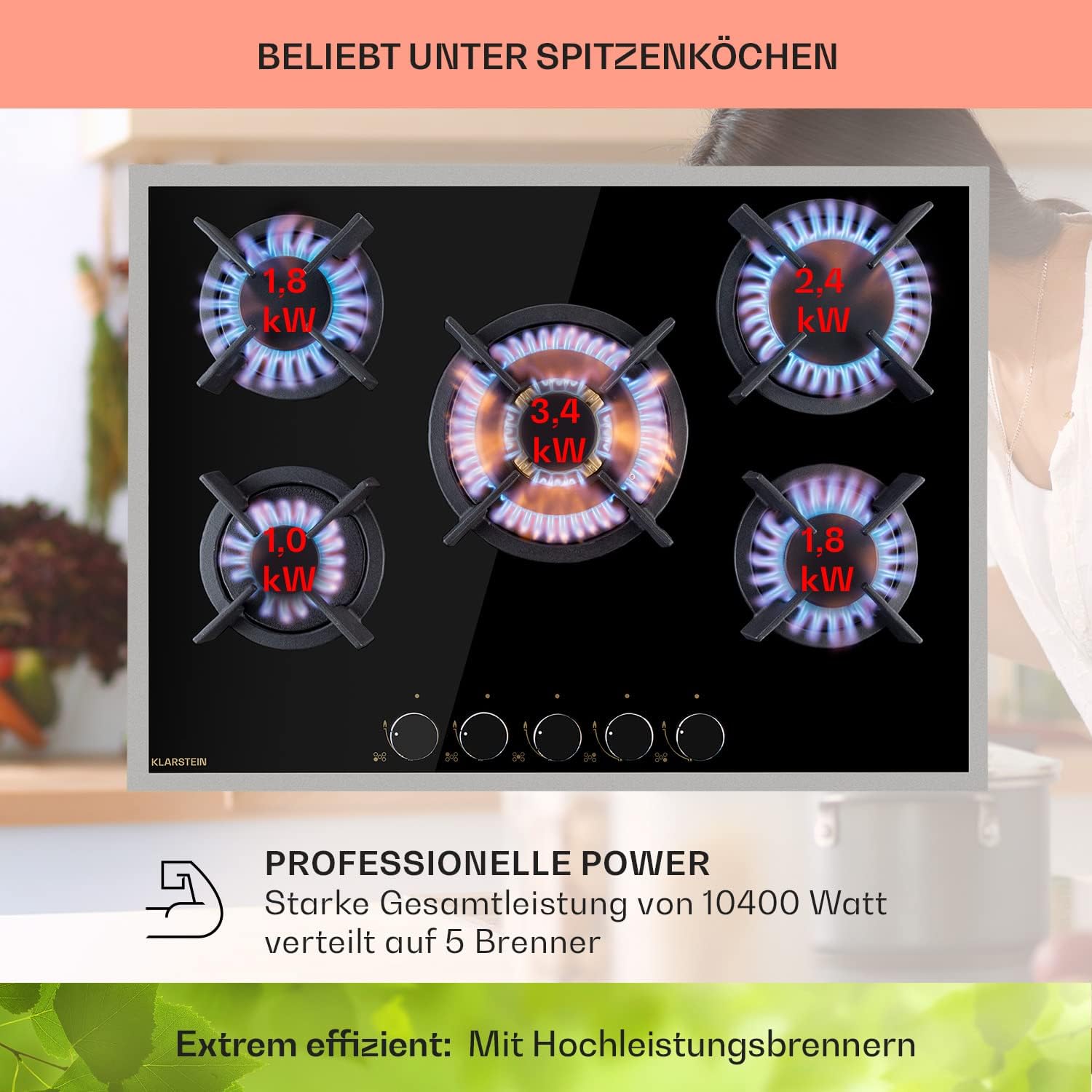 Klarstein Gasherd, Gaskochfeld 5 Flammen, Einbau-Gaskocher für Zuhause & Wohnmobil, Campingkocher mit Glasplatte, Gasherd für Propan- und Erdgas, Edelstahl Gas-Herdplatte Wok Brenner 10400 Watt