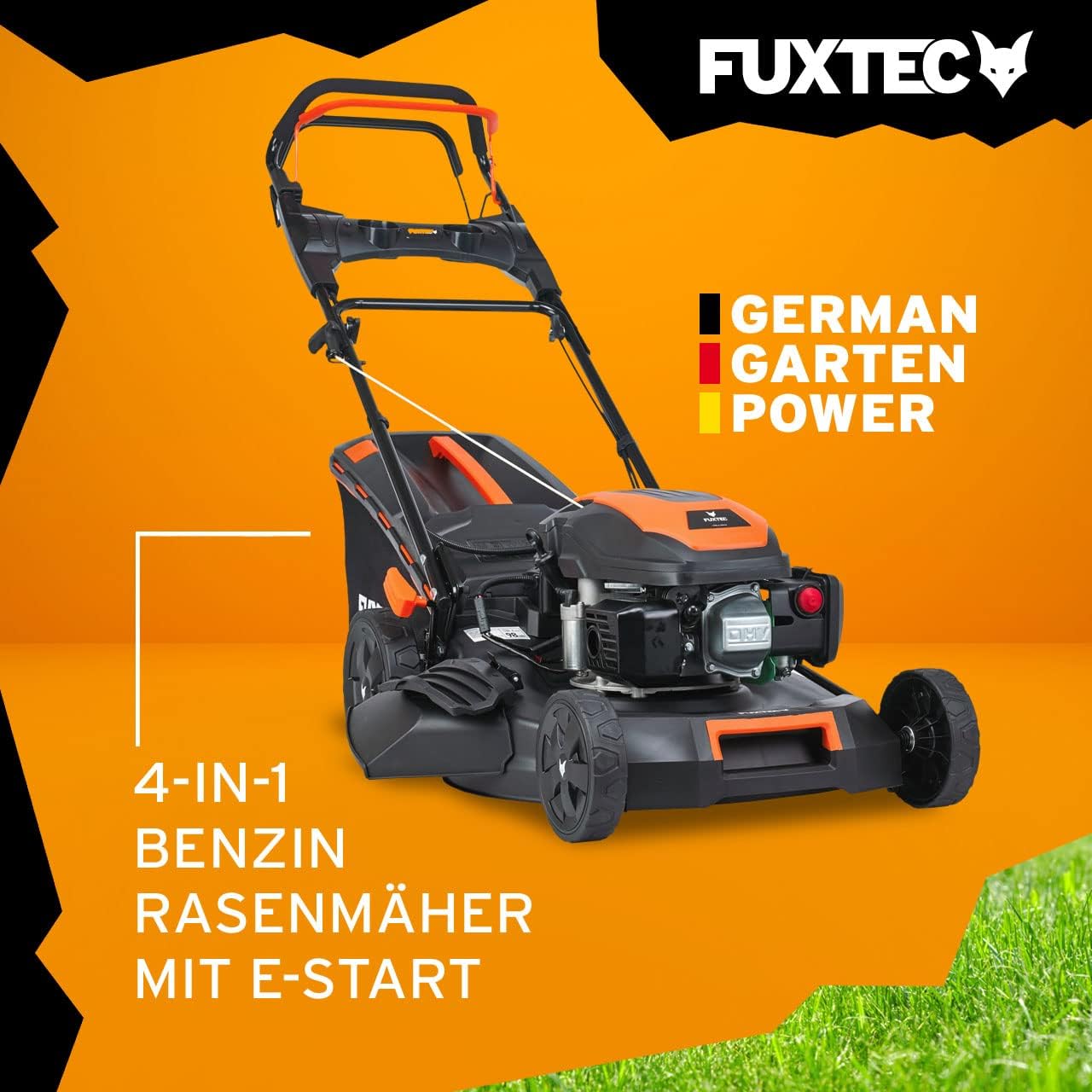 FUXTEC 4in1 Benzin Rasenmäher FX-RM5196eSPRO mit E-Start und regulierbarem Selbstantrieb, Gartenmäher inkl. Frontstoßstange, 51 cm Schnittbreite, kugelgelagerte Big Wheel Räder, 60L Grasfangkorb
