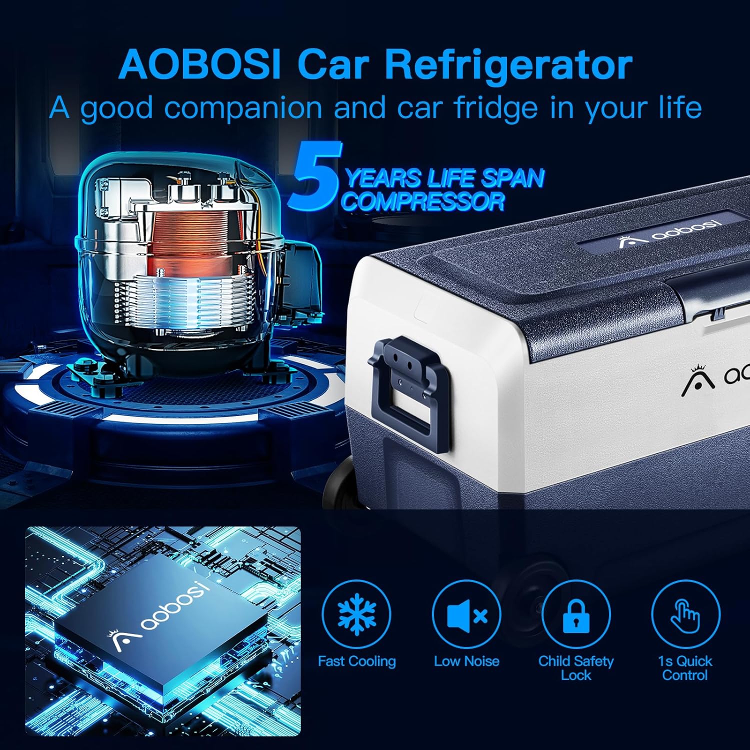 AAOBOSI Compressor Cool Box 36 L, Cool Box Car with WiFi App Control, 12/24 V and 100-240 V Electric Cool Box, up to -20 °C for Car, Truck, Boat, Motorhome, Camping, Double Zone